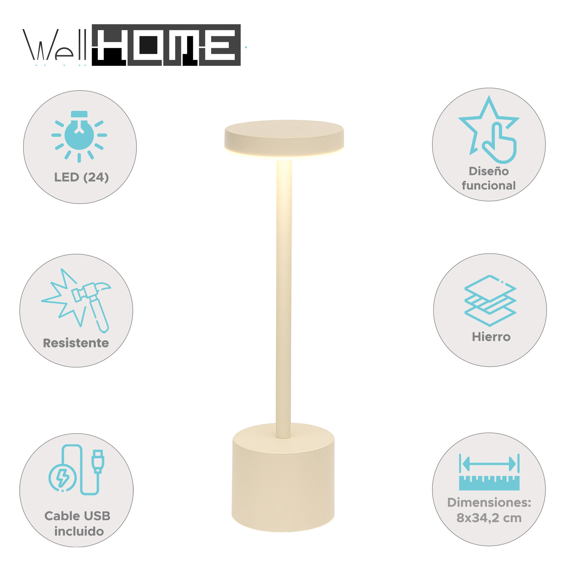 Lámpara LED color crema con parte superior e inferior redondas. Iconos de información con cable USB y dimensiones.