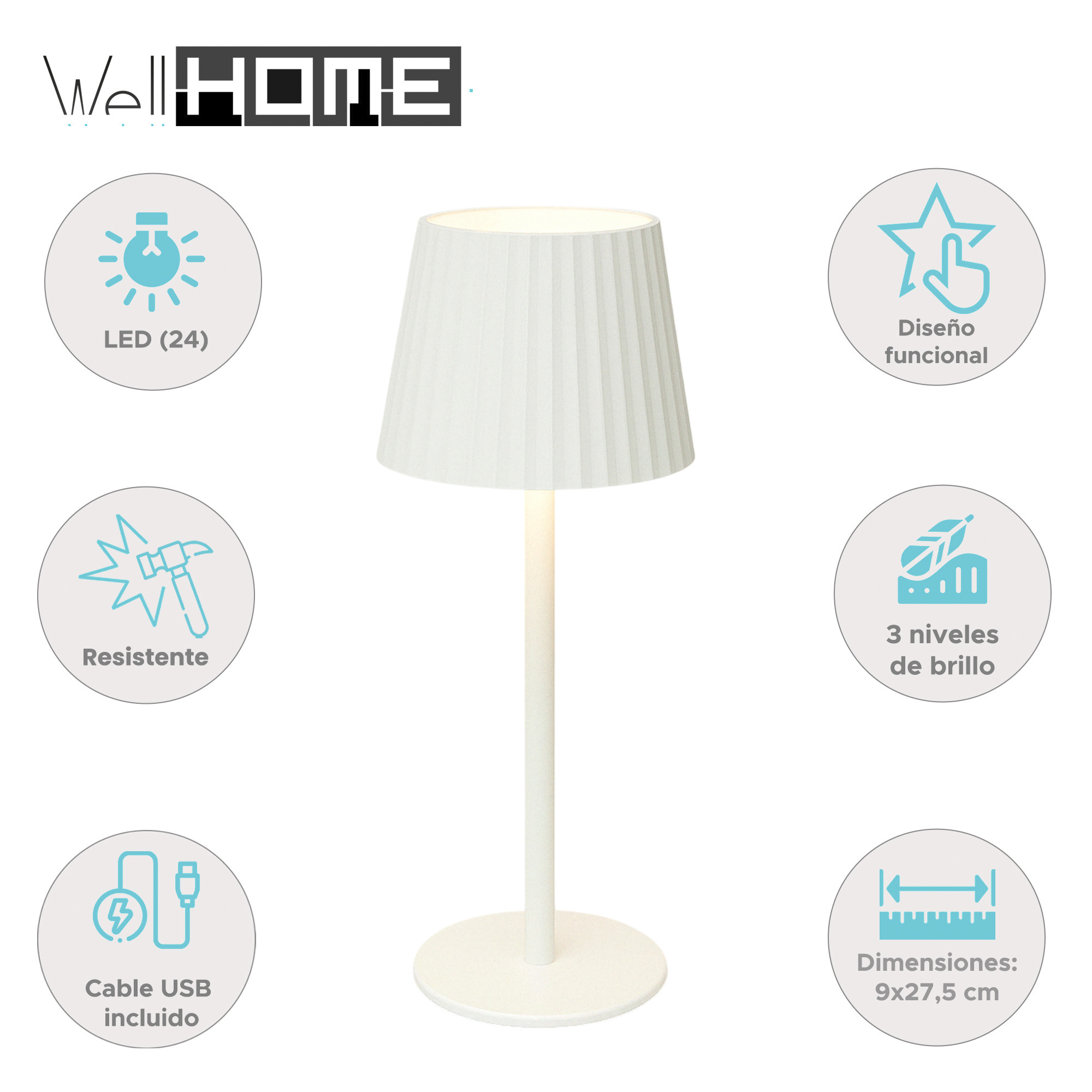 Lámpara de mesa blanca con pantalla plisada, luces LED, cable USB y dimensiones 9x27,5 cm. Logos de durabilidad y diseño.