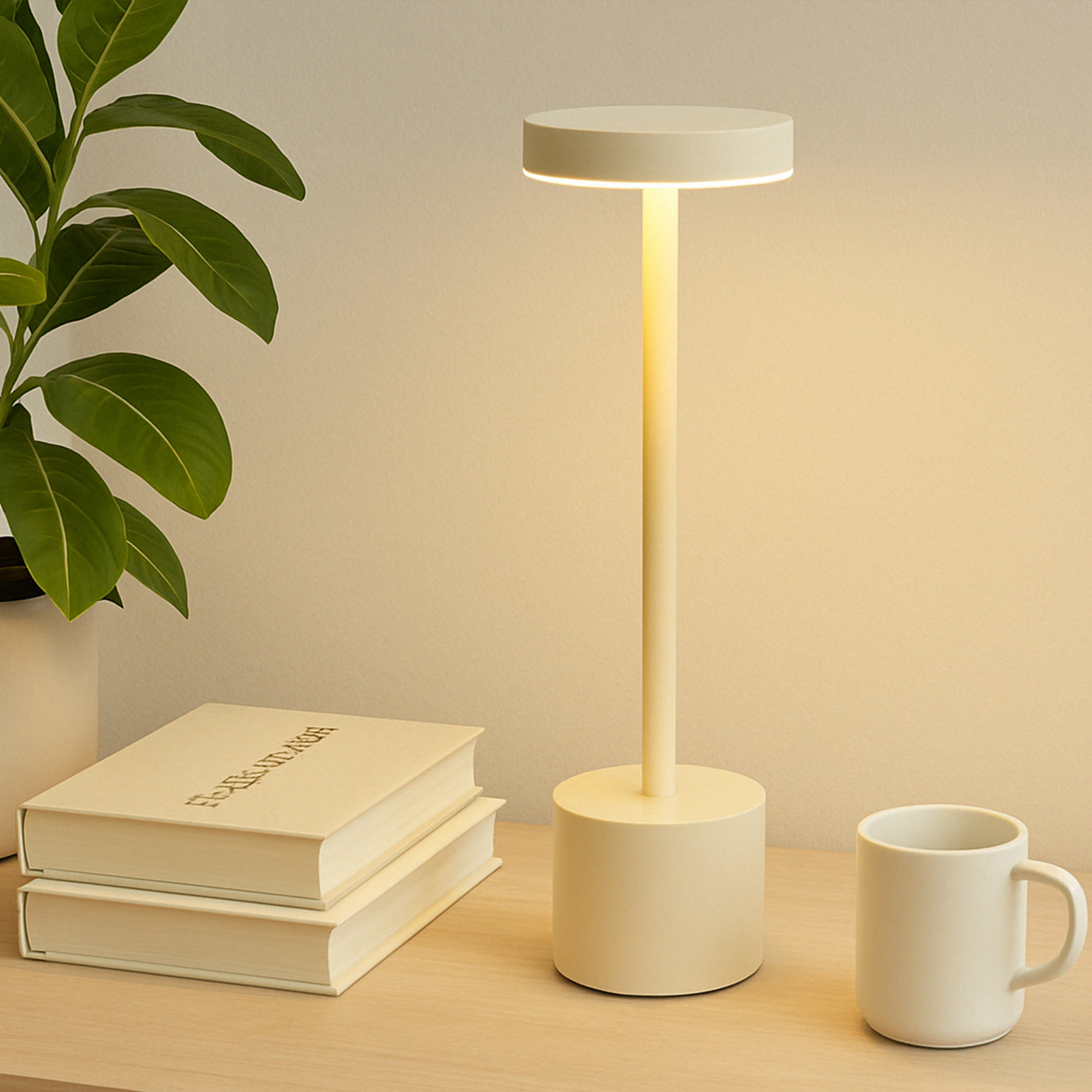 Una lámpara crema, libros y una taza sobre una superficie de madera. Una planta en maceta blanca a la izquierda.