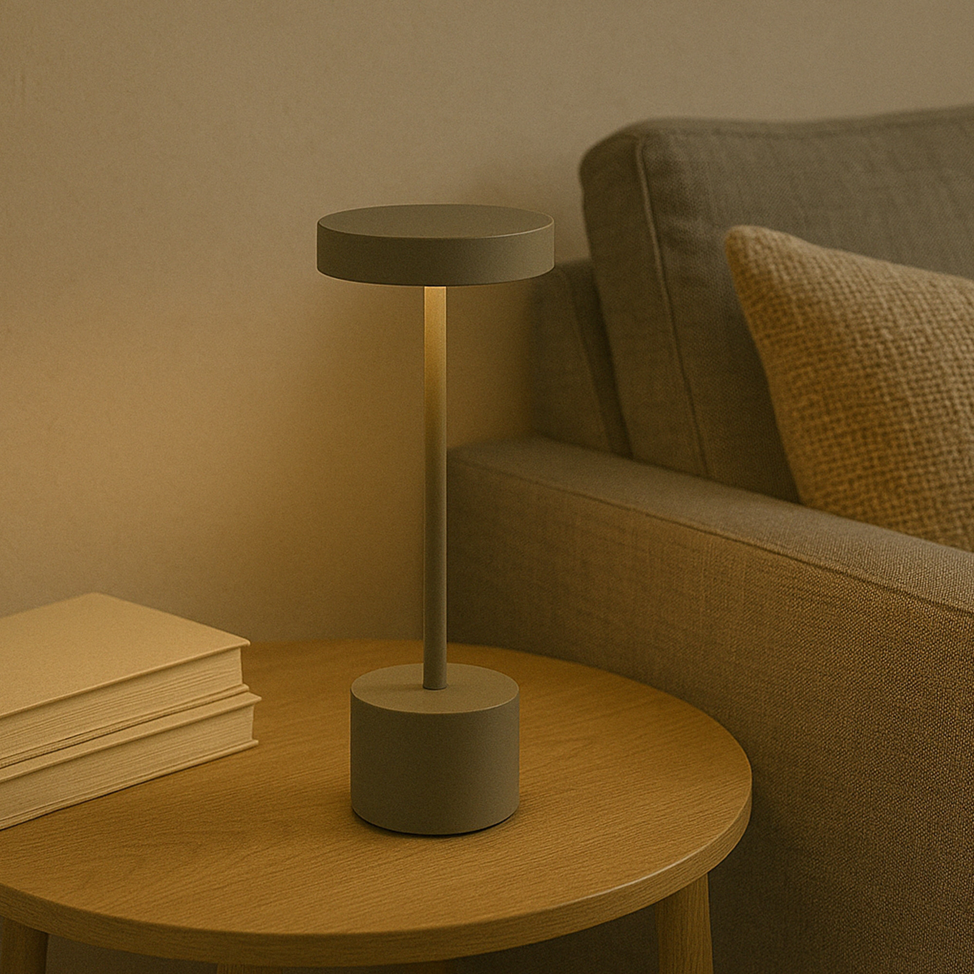 Lámpara gris sobre mesa de madera, junto a libros. Sofá y almohada al fondo. Iluminación cálida y suave.