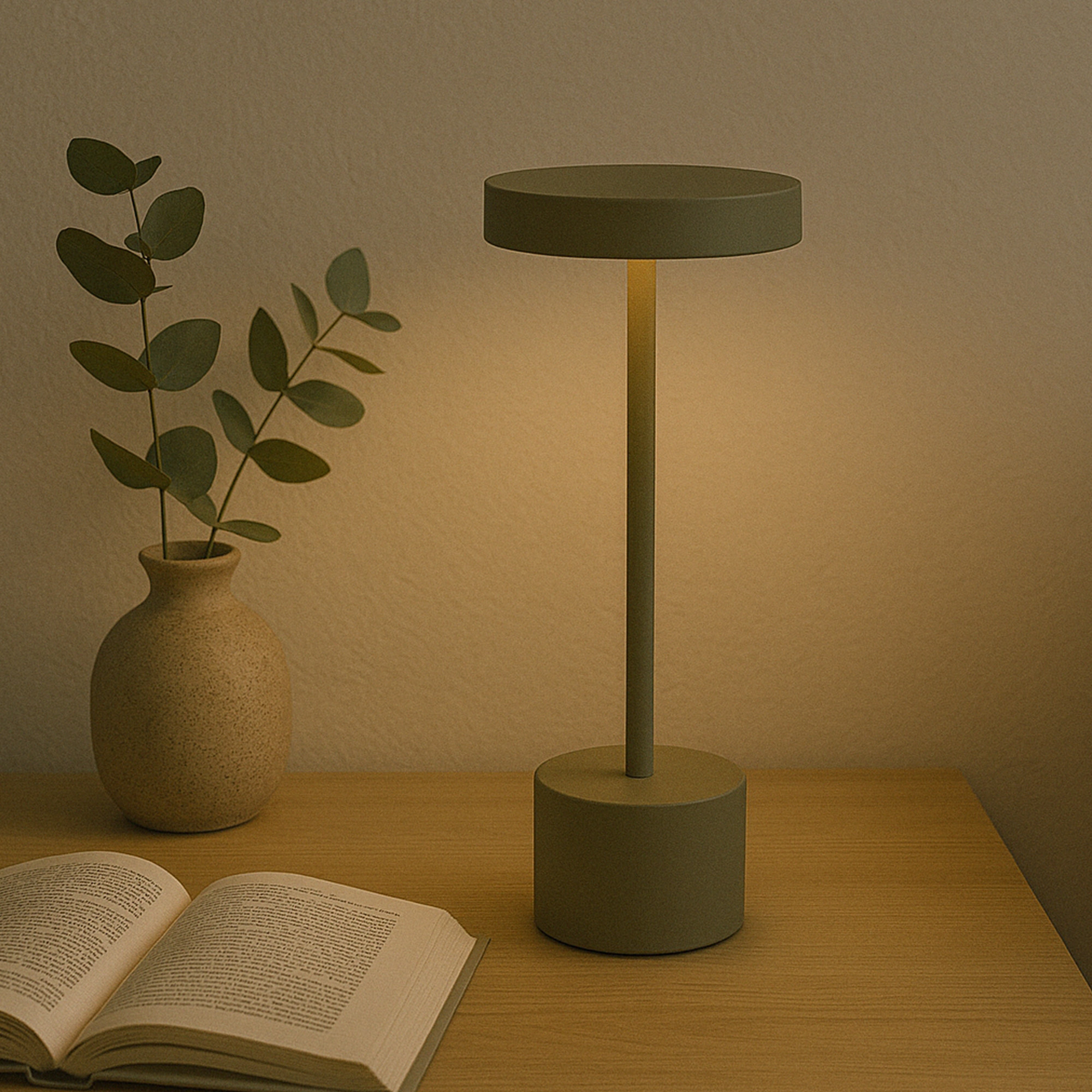 Una lámpara verde, un jarrón con hojas y un libro abierto sobre una superficie de madera. Iluminación suave.