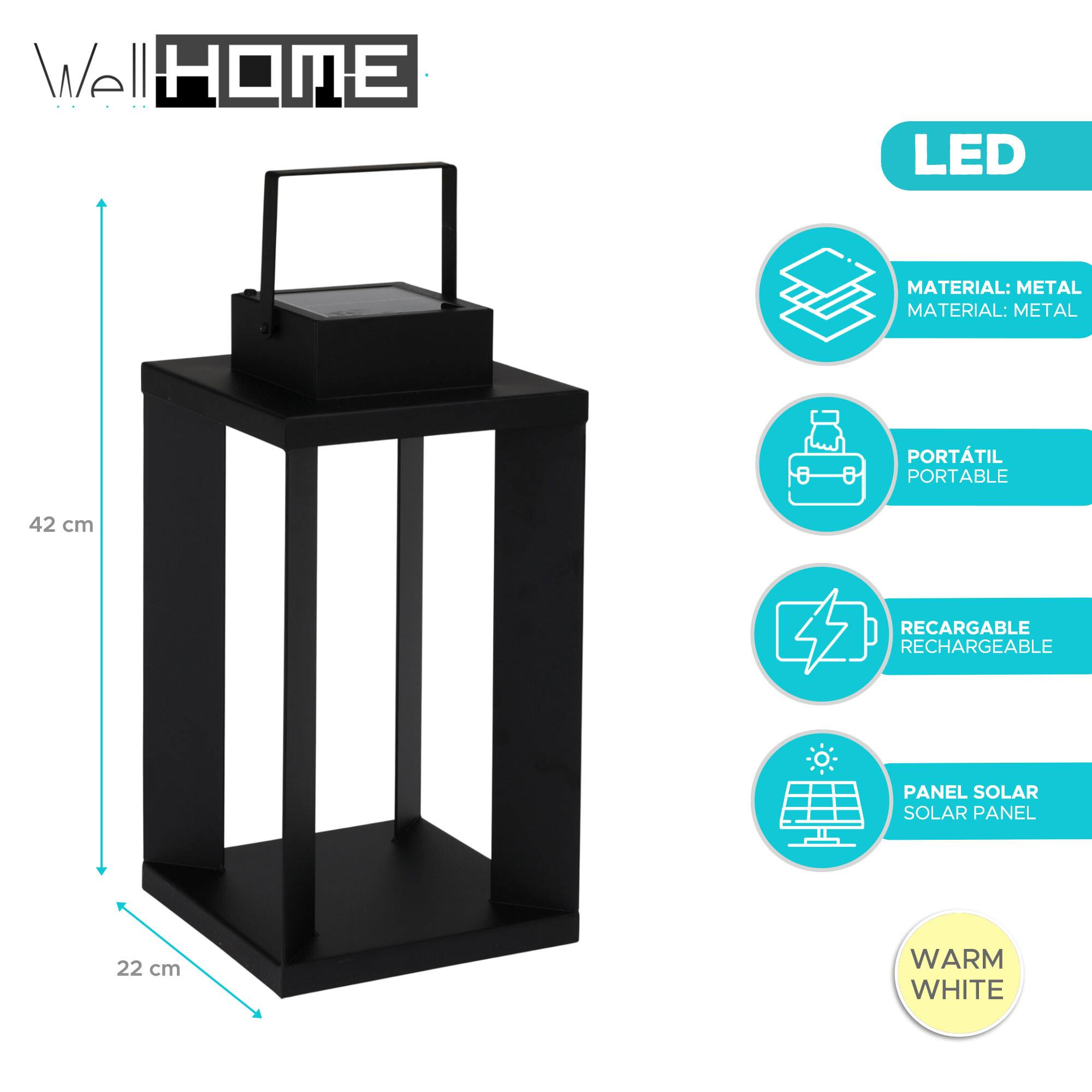 Una linterna de metal negro con asa. Mide 42 cm de alto y 22 cm de ancho. Tiene LED y panel solar.