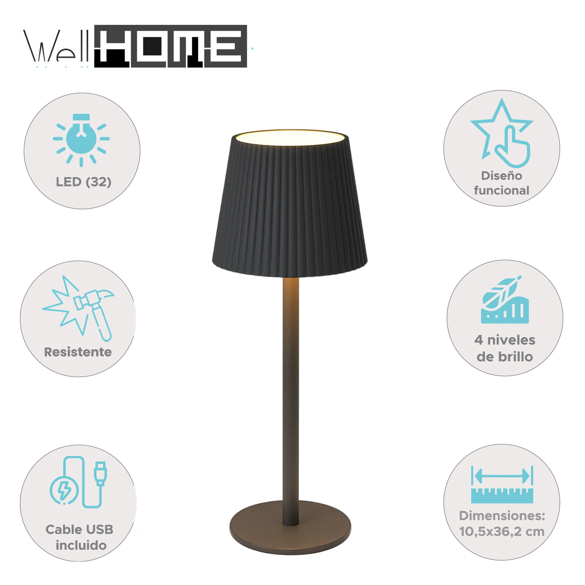 Una lámpara negra moderna con pantalla plisada y base de bronce. Características: LED, cable USB y 4 niveles de brillo.