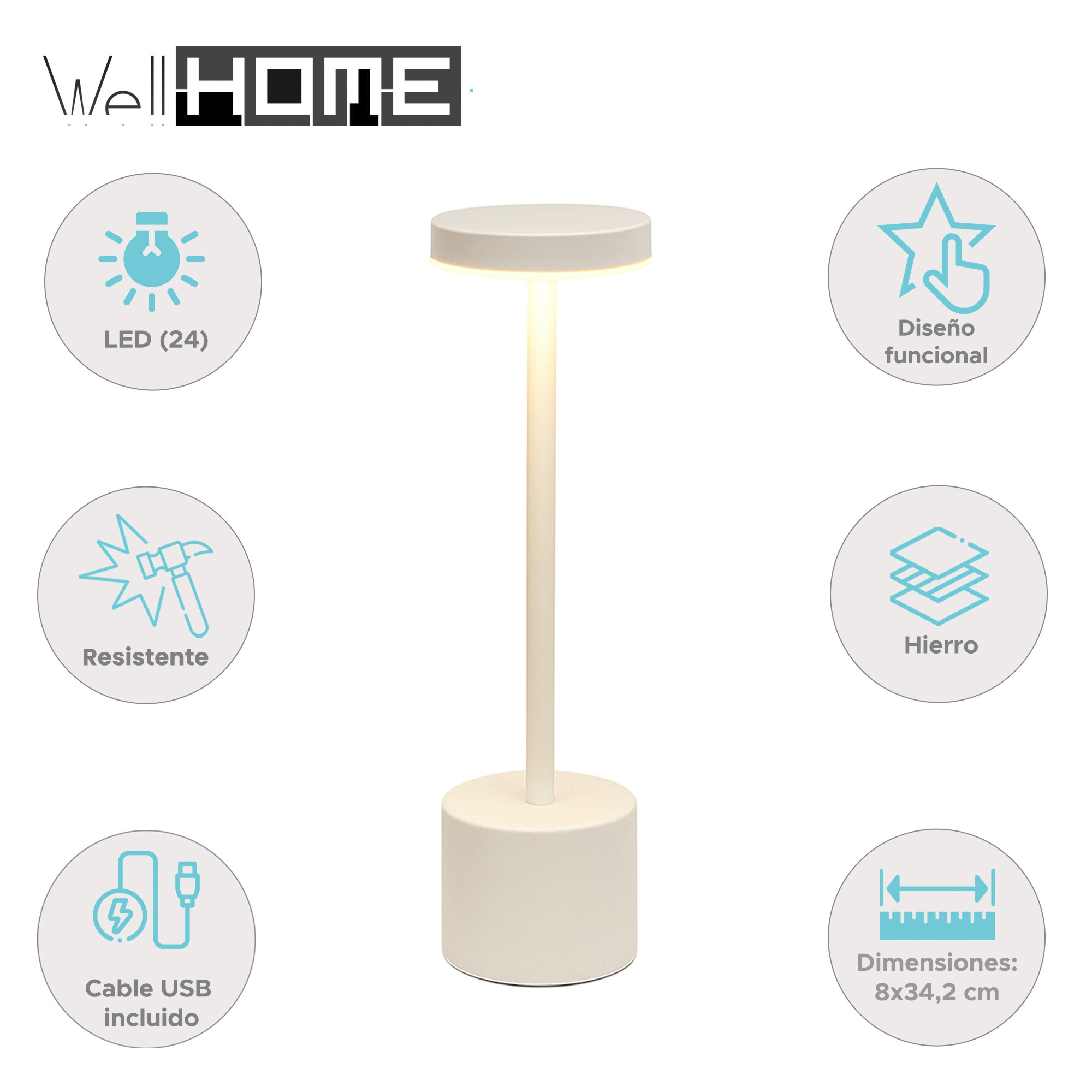 Lámpara de mesa crema con parte superior redonda, tallo delgado y base cilíndrica. Incluye cable USB y detalles LED.