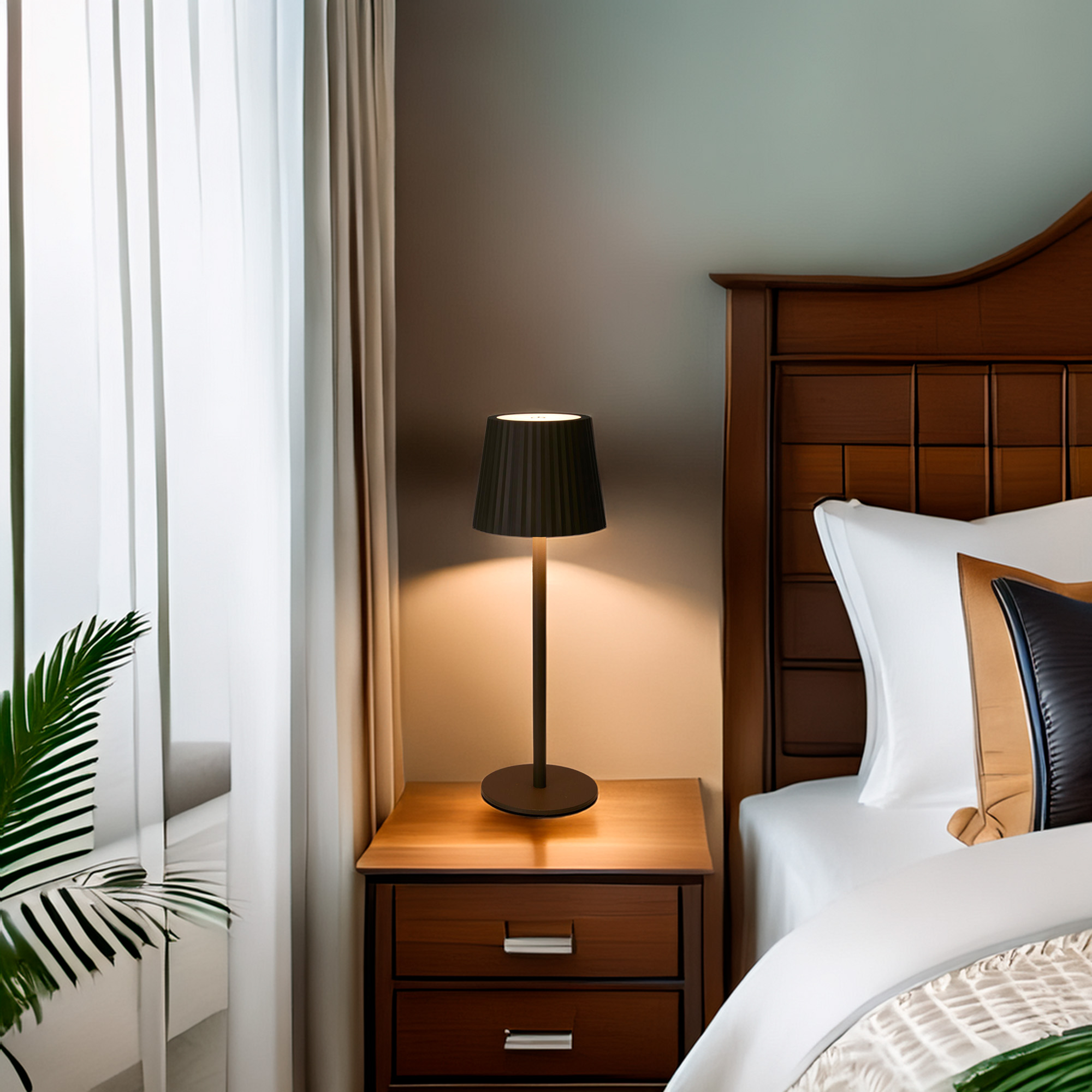 Una escena de dormitorio con una lámpara de noche, cortinas y una cama con almohadas. Hay una planta en primer plano.