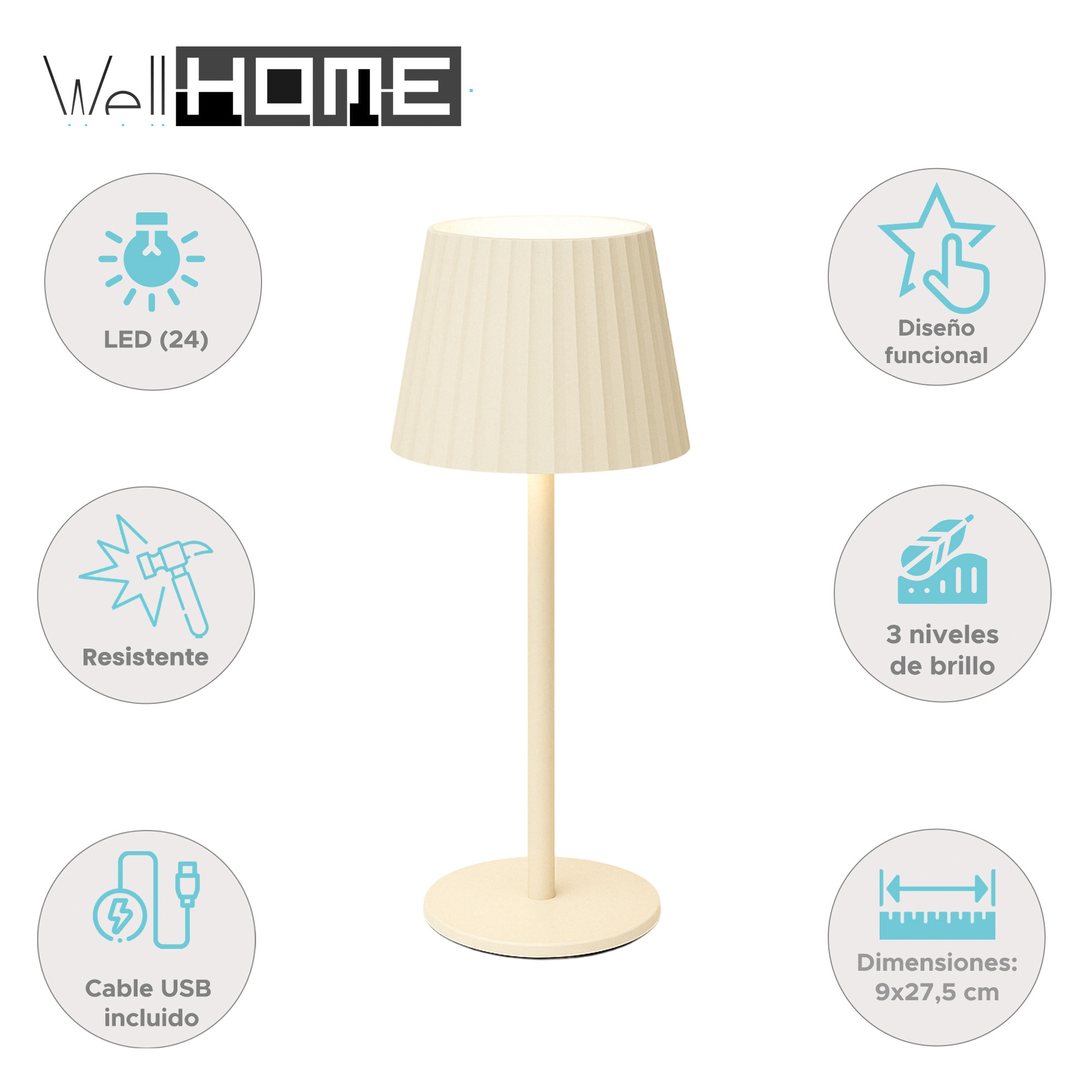 Lámpara crema con pantalla plisada, base redonda y soporte. Características: LED, cable USB y 3 niveles de brillo.
