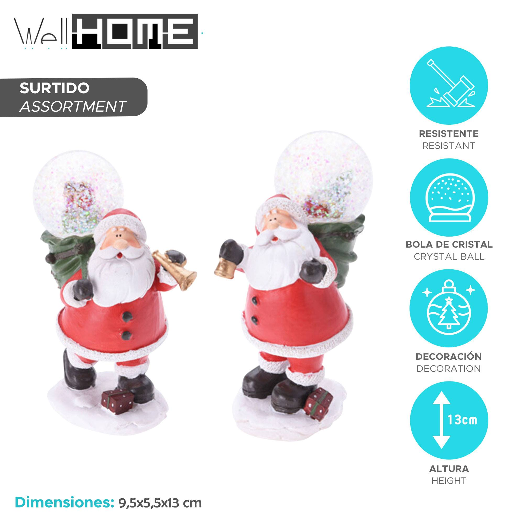 Dos figuras de Papá Noel, trajes rojos, barbas blancas, sosteniendo una trompeta y una bolsa. Bola de cristal en la espalda, base blanca.