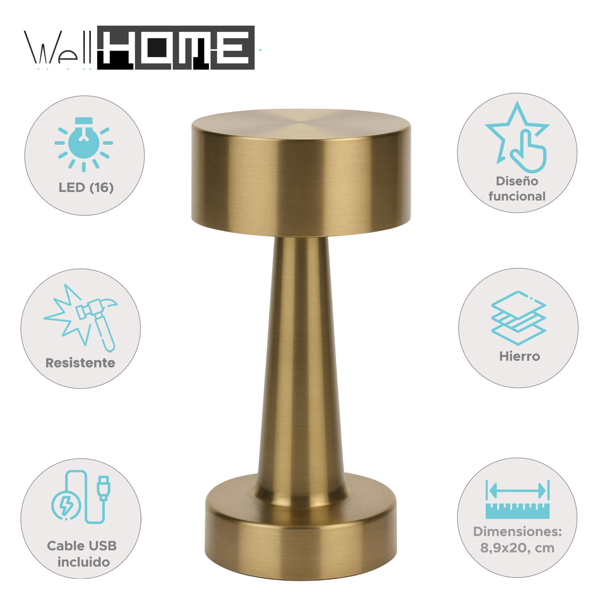 Una lámpara dorada con una parte superior cilíndrica y una base cónica. Tiene iconos circulares con texto como 'LED' y 'USB'.