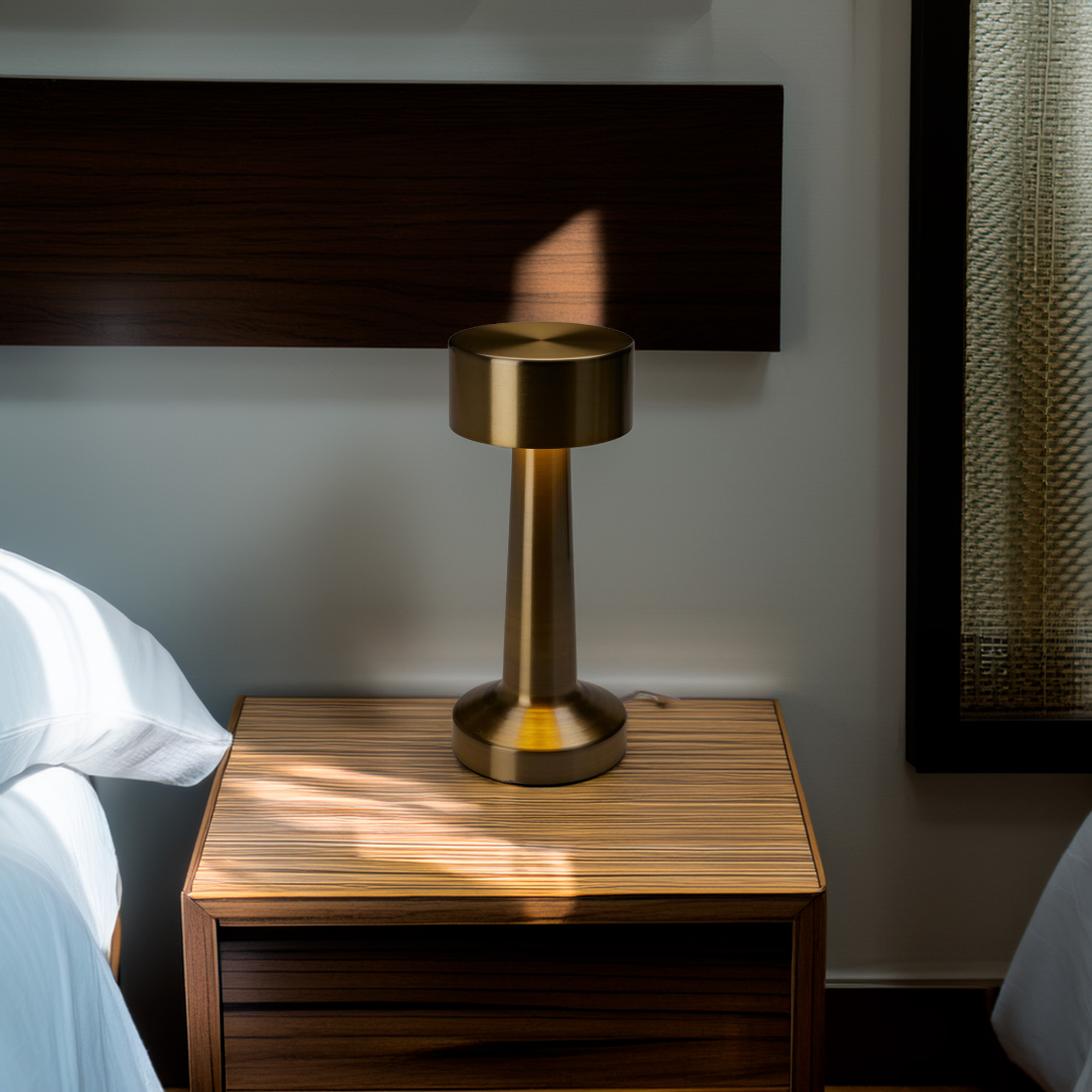 Una lámpara de noche dorada sobre una mesita de noche de madera. Cama a la izquierda. Cabecero de madera oscura. La luz solar proyecta sombras.