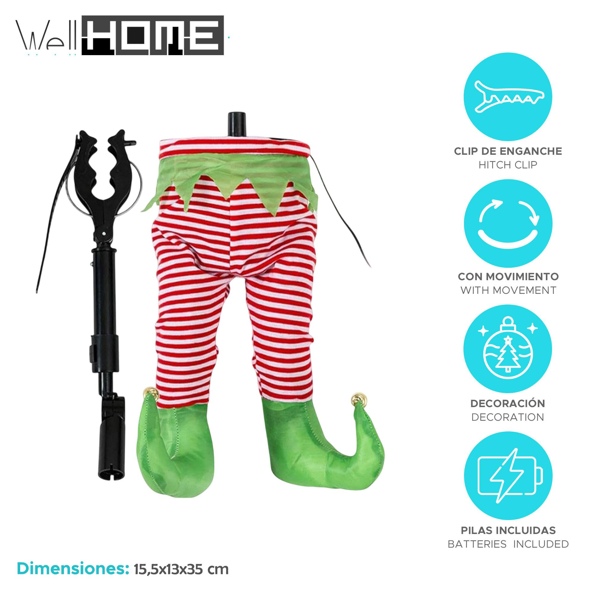 Una decoración de pierna de elfo con pantalones a rayas rojas y blancas, zapatos verdes y un cuello verde. Incluye un clip para colgar.