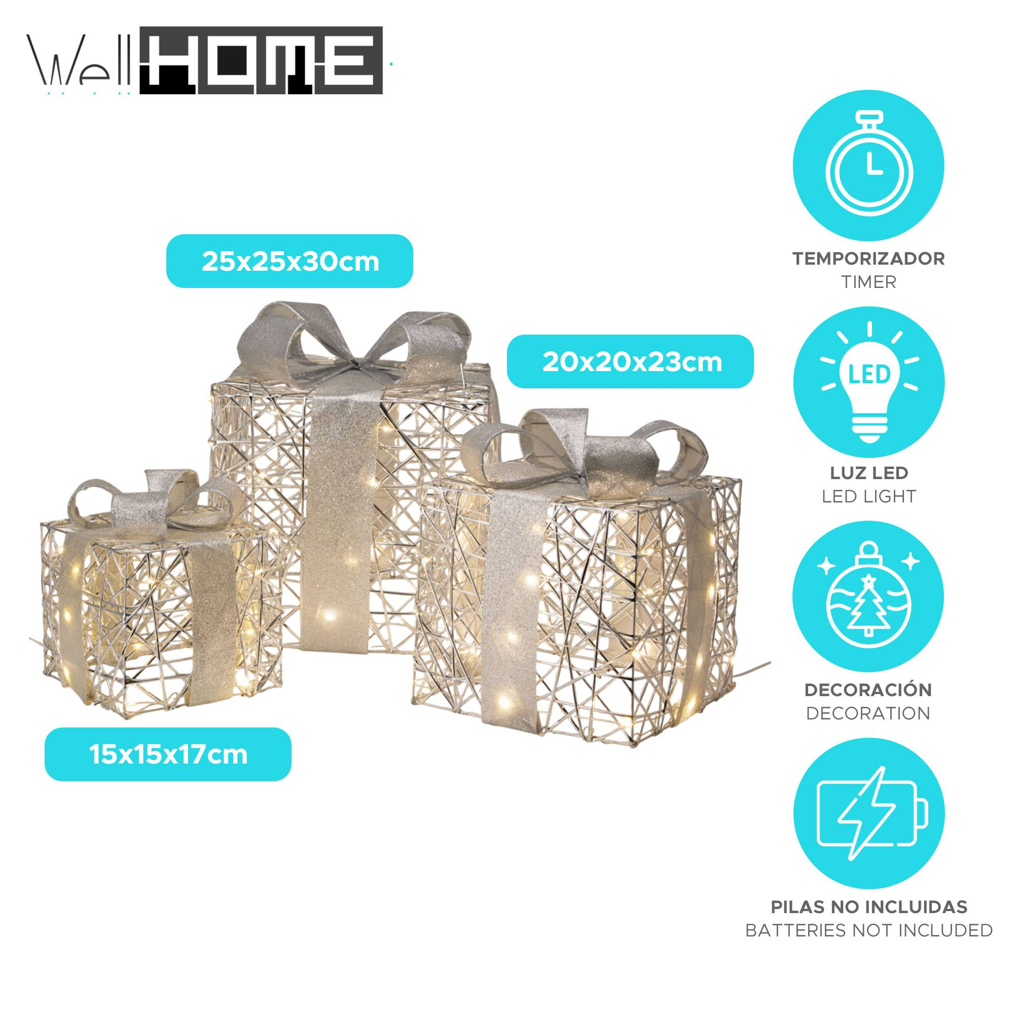 Tres cajas de regalo iluminadas de diferentes tamaños con lazos plateados. El texto incluye dimensiones e iconos para temporizador, LED y decoración.