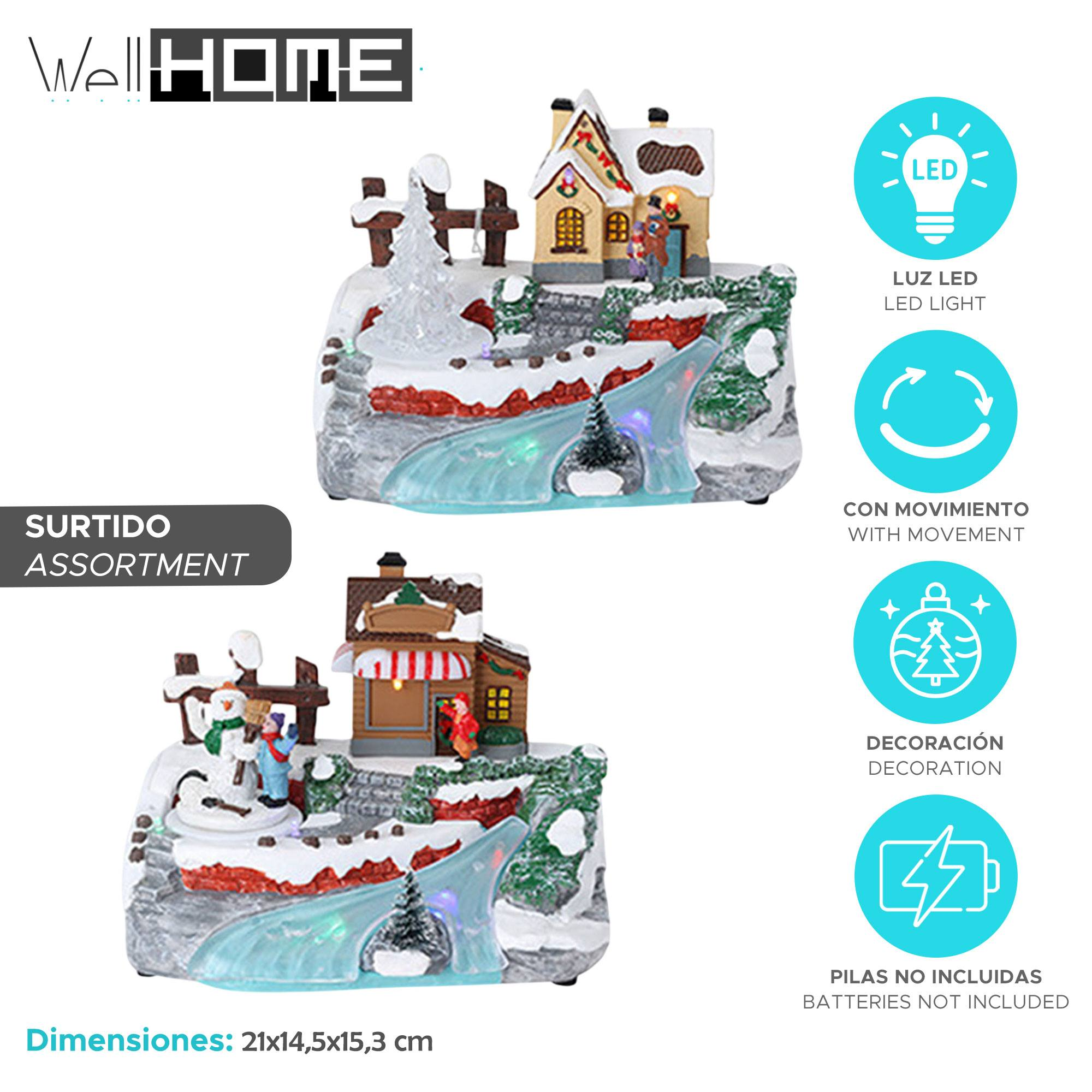 Una escena decorativa de un pueblo navideño con casas, nieve y un río. Incluye luces LED y funciona con pilas.