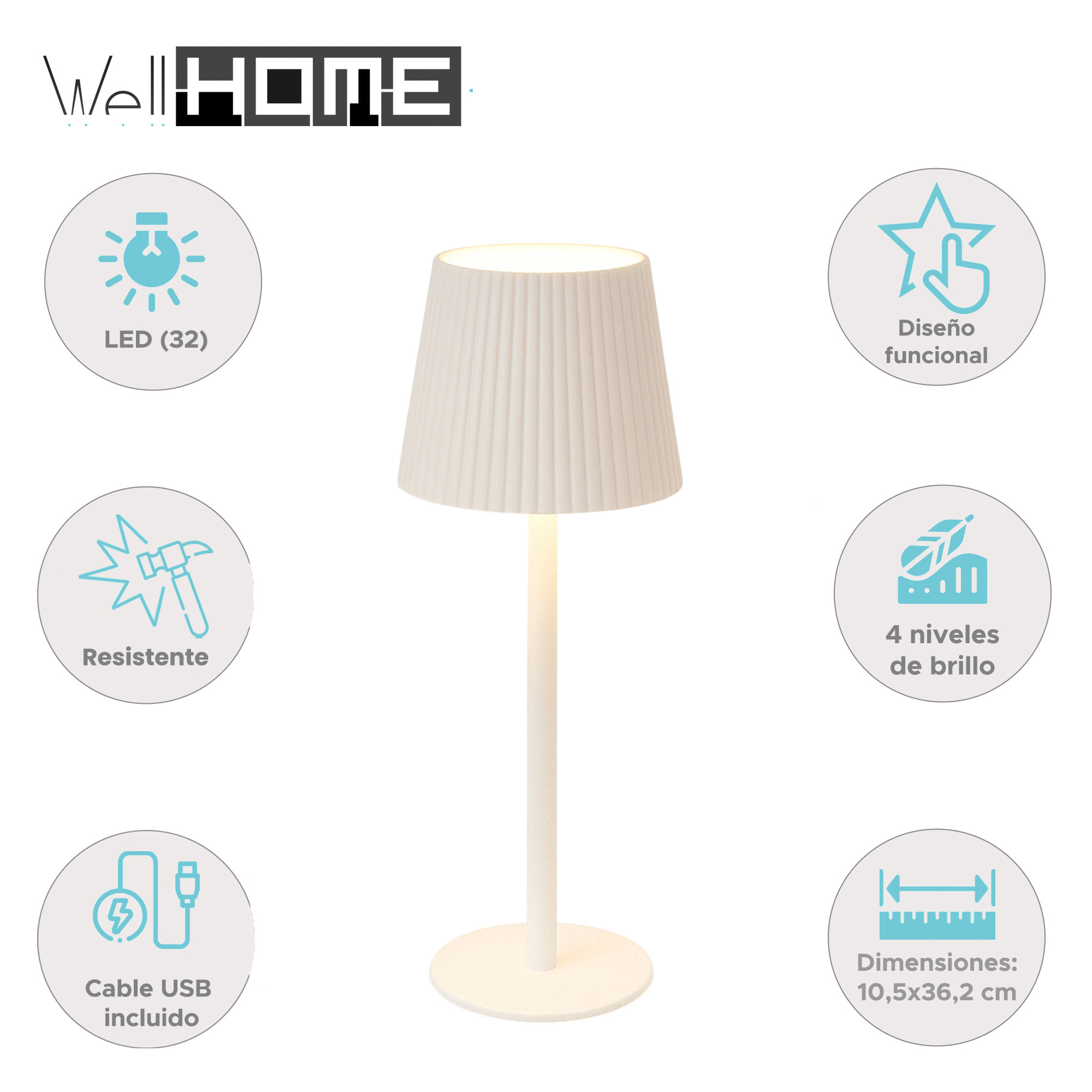 Lámpara de mesa blanca con pantalla plisada. Características: LED, cable USB y 4 niveles de brillo. Otros iconos también visibles.