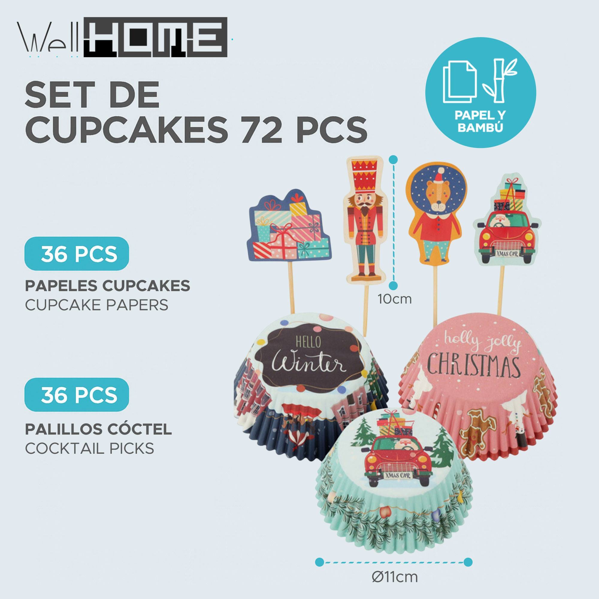 Un juego de suministros para cupcakes con papeles para cupcakes y palillos de cóctel. Incluye adornos con temas navideños y detalles de dimensiones.