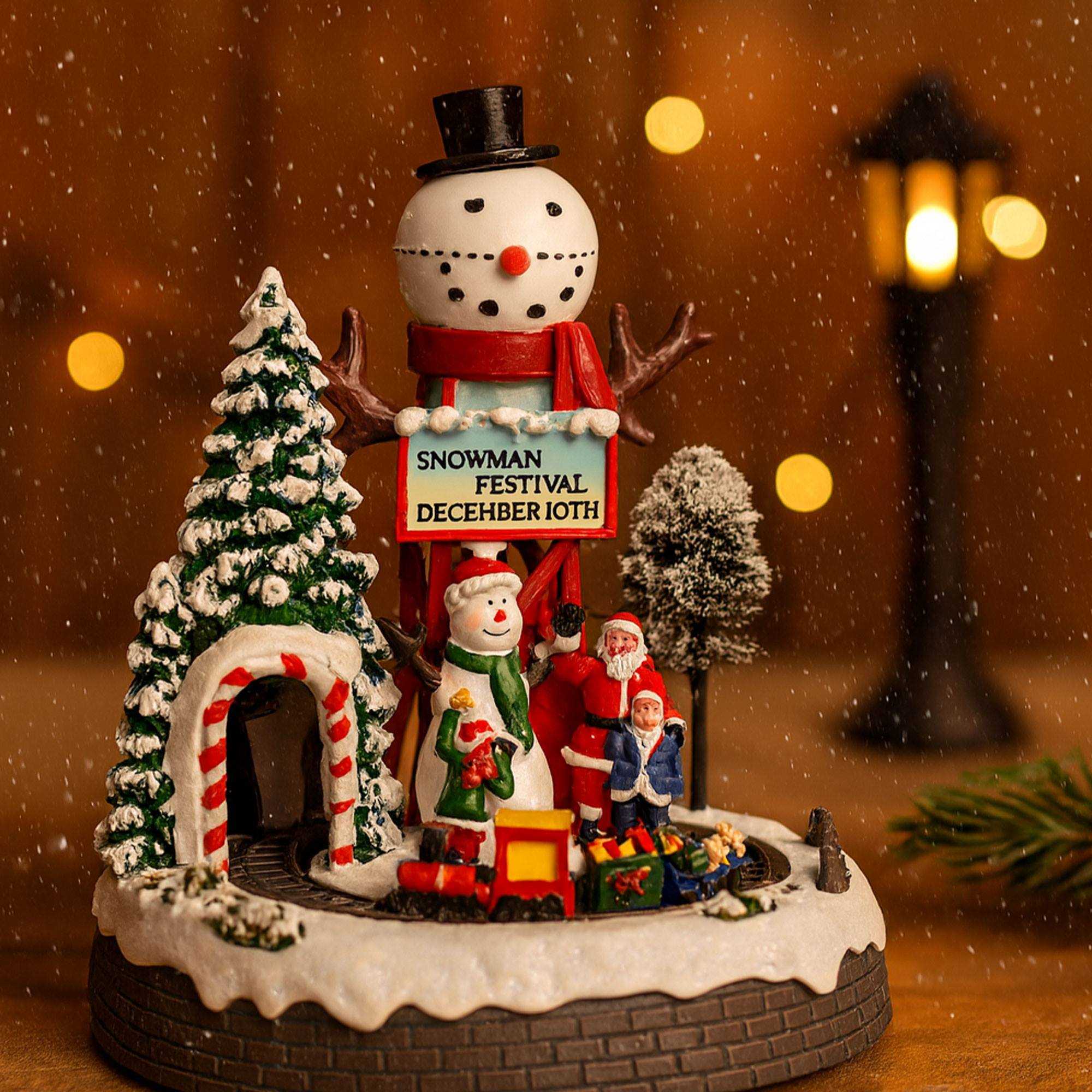 Una decoración navideña festiva con un muñeco de nieve, Papá Noel y un tren. Cae nieve alrededor de la escena.