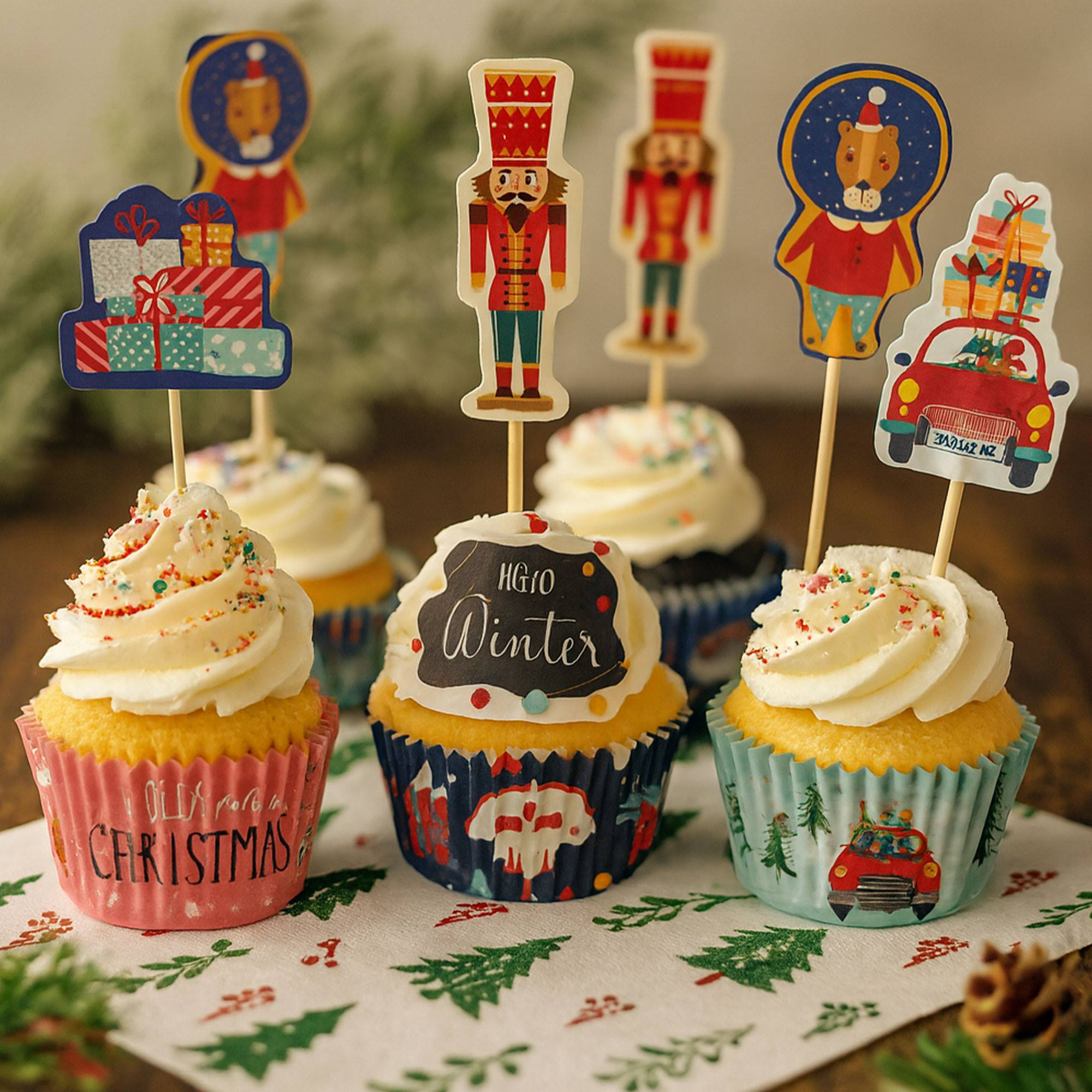 Cupcakes con glaseado y adornos decorativos. Los diseños incluyen leones, cascanueces, coches y regalos. Colocados sobre tela festiva estampada.