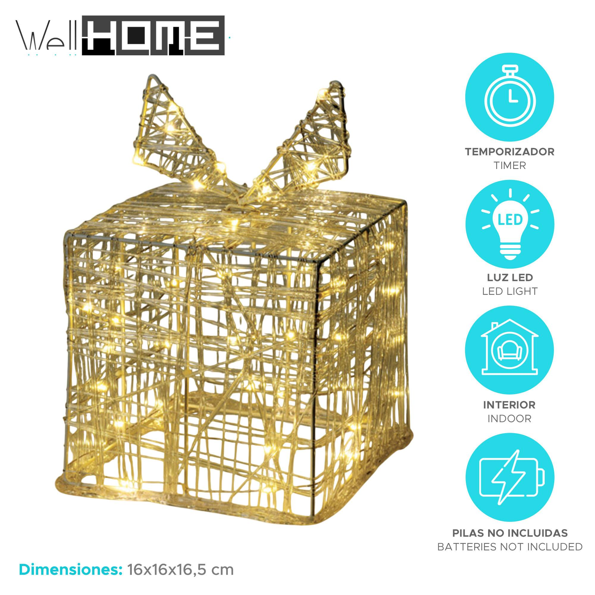 Una decoración de luz LED dorada con forma de regalo. Tiene un lazo en la parte superior y está rodeada de iconos. Dimensiones: 16x16x16,5 cm.