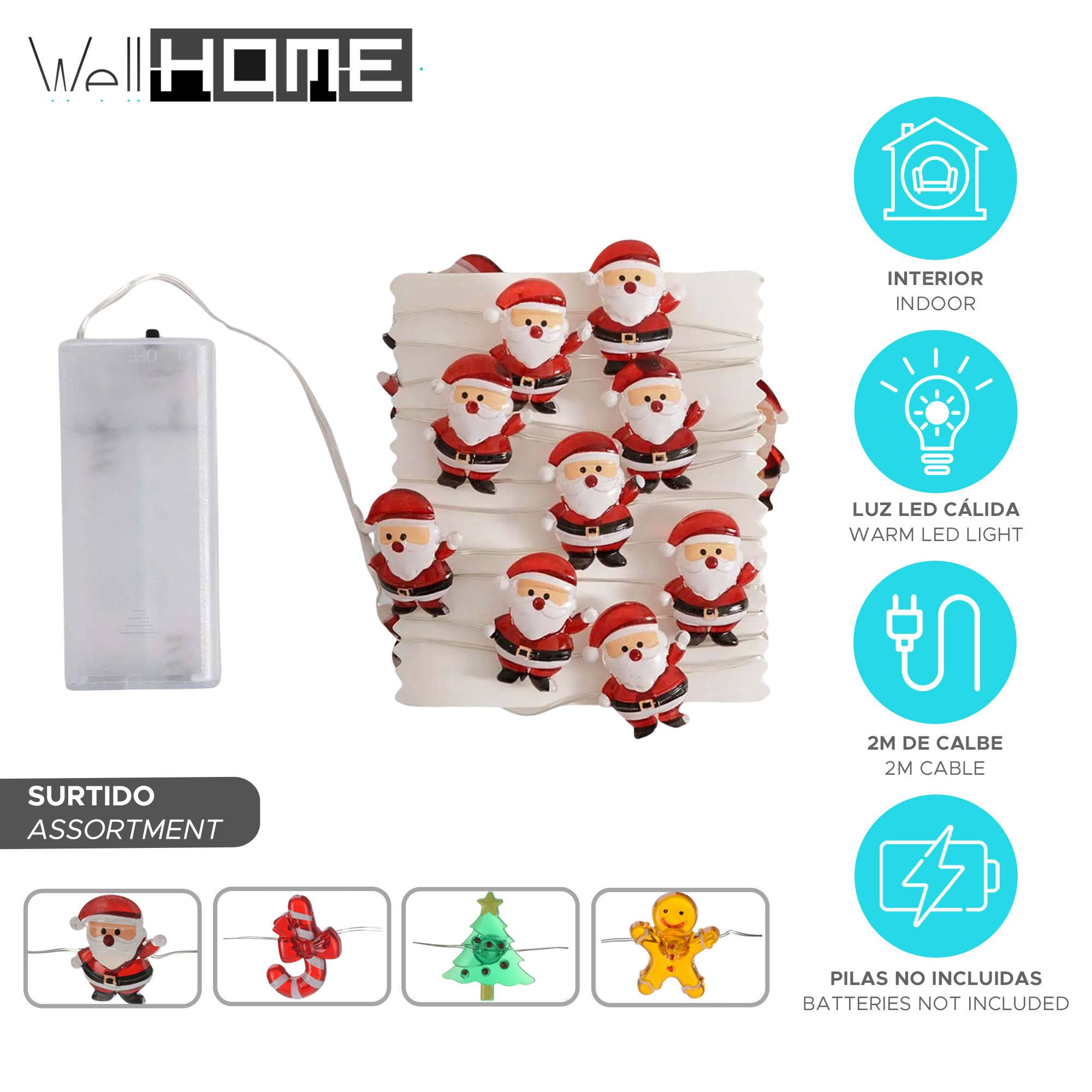 Luces navideñas con figuras de Papá Noel, paquete de baterías y opciones de surtido. Incluye iconos y texto en español.