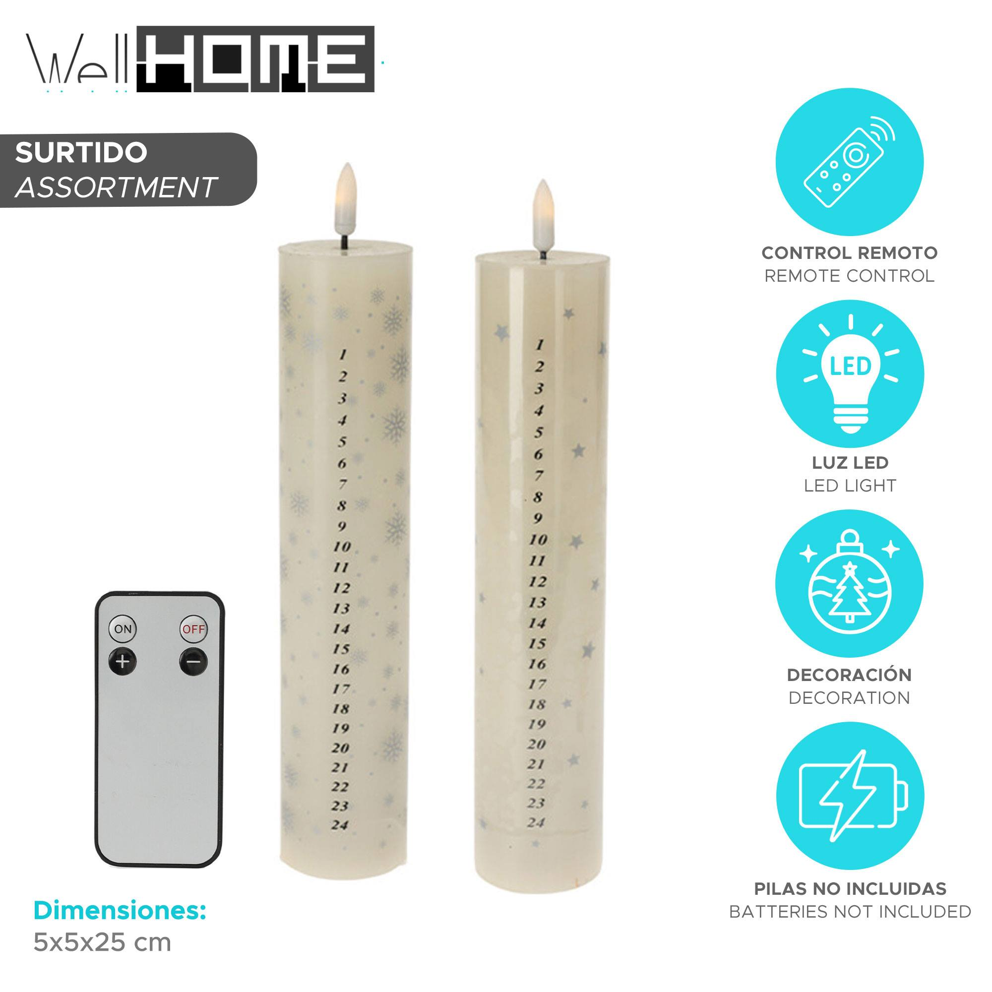 Dos velas cilíndricas con números y copos de nieve. También se ve un mando a distancia e iconos de LED, decoración y pilas.