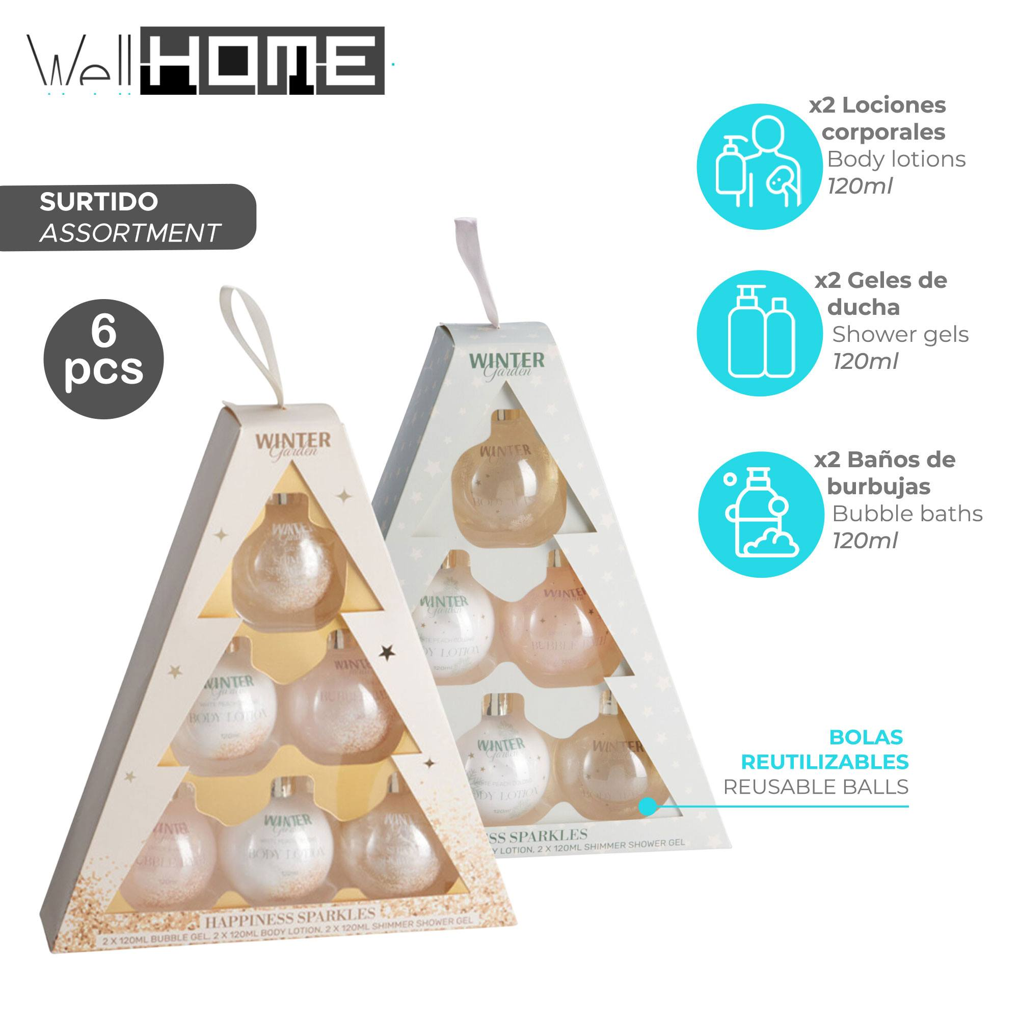 Juego de regalo con seis botellas en forma de adorno navideño que contienen loción corporal, gel de ducha y baño de burbujas.