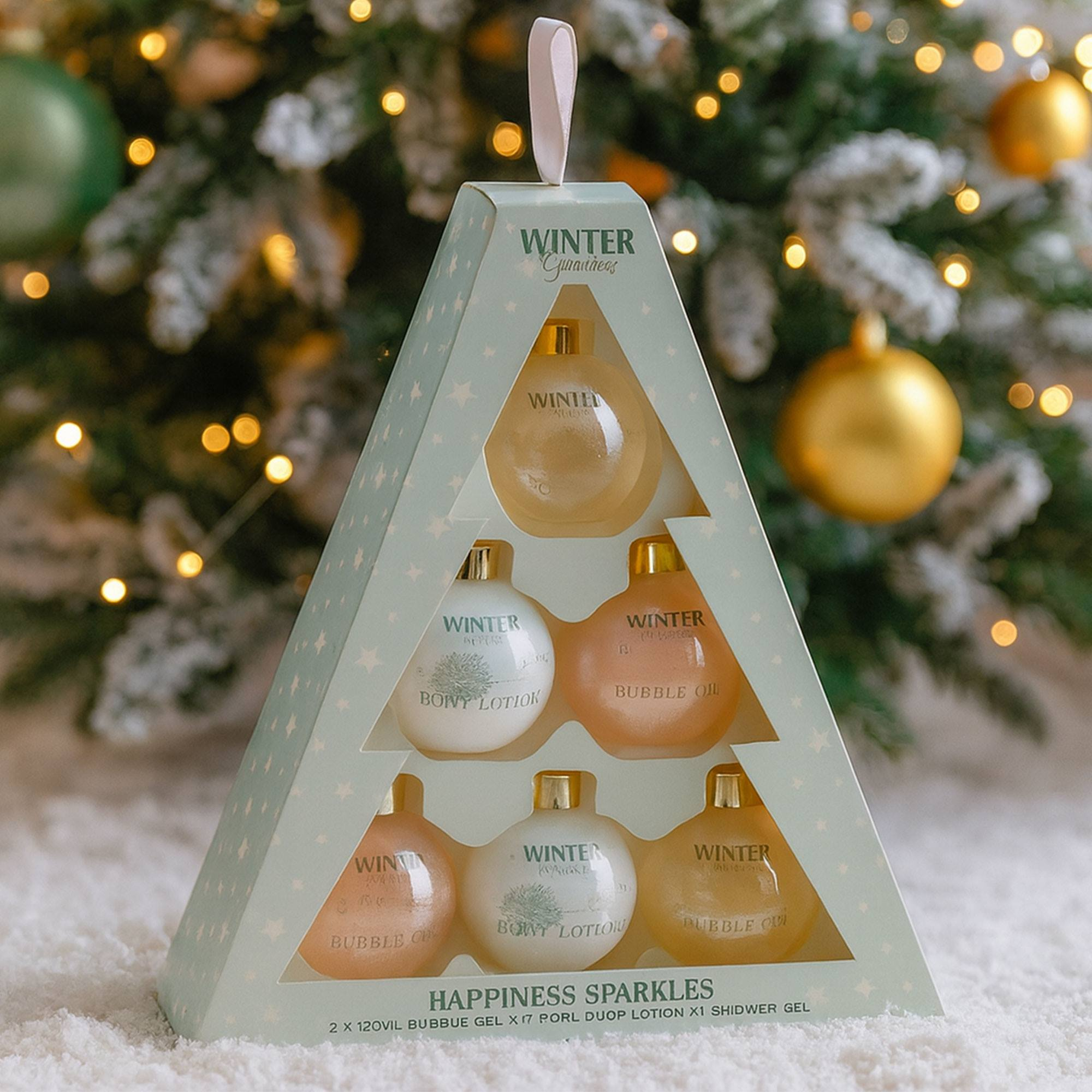 Una caja de regalo en forma de árbol de Navidad con productos de baño. El fondo muestra un árbol de Navidad decorado y nieve.