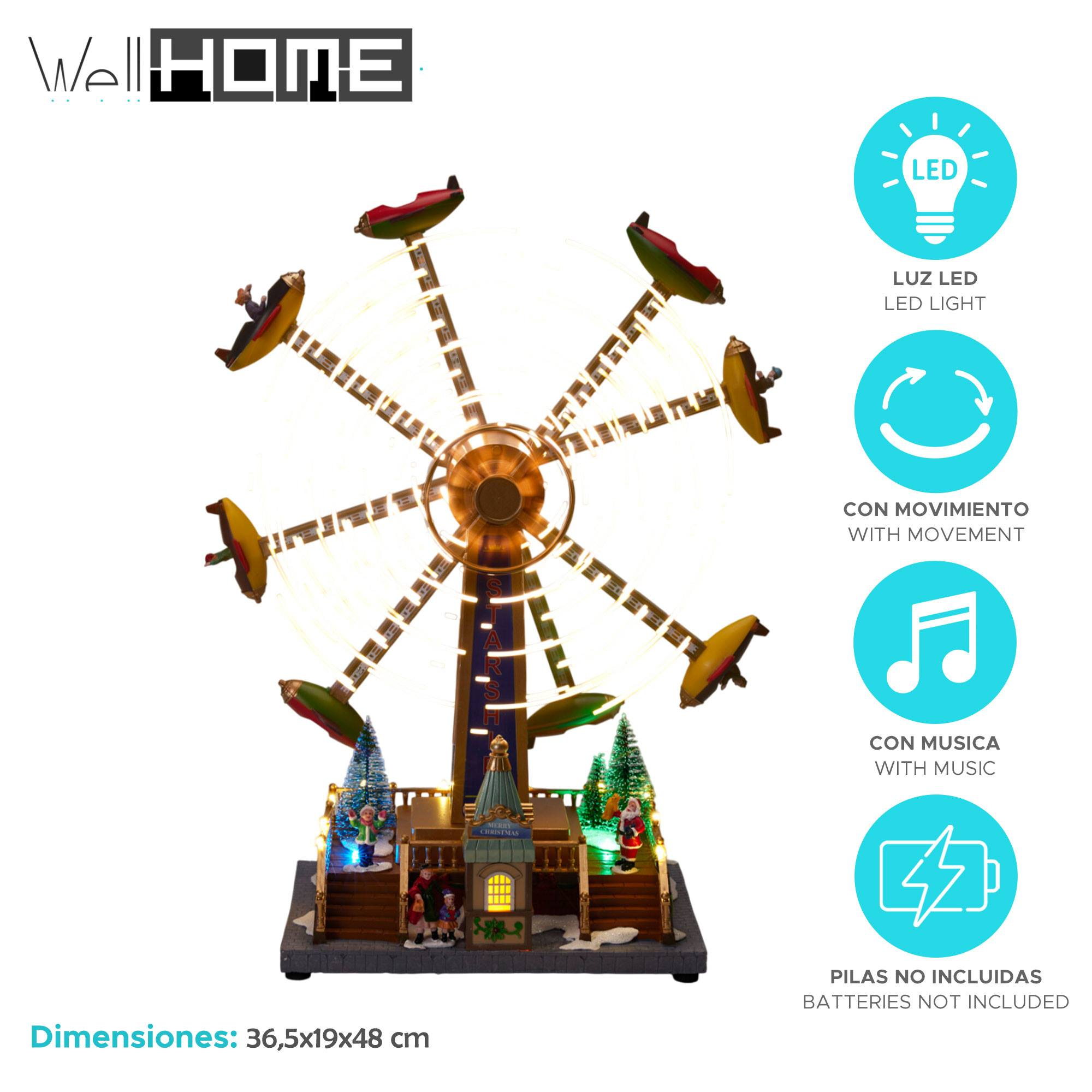 Un carrusel navideño con luces y figuritas. Presenta un diseño de noria con góndolas y decoraciones festivas.
