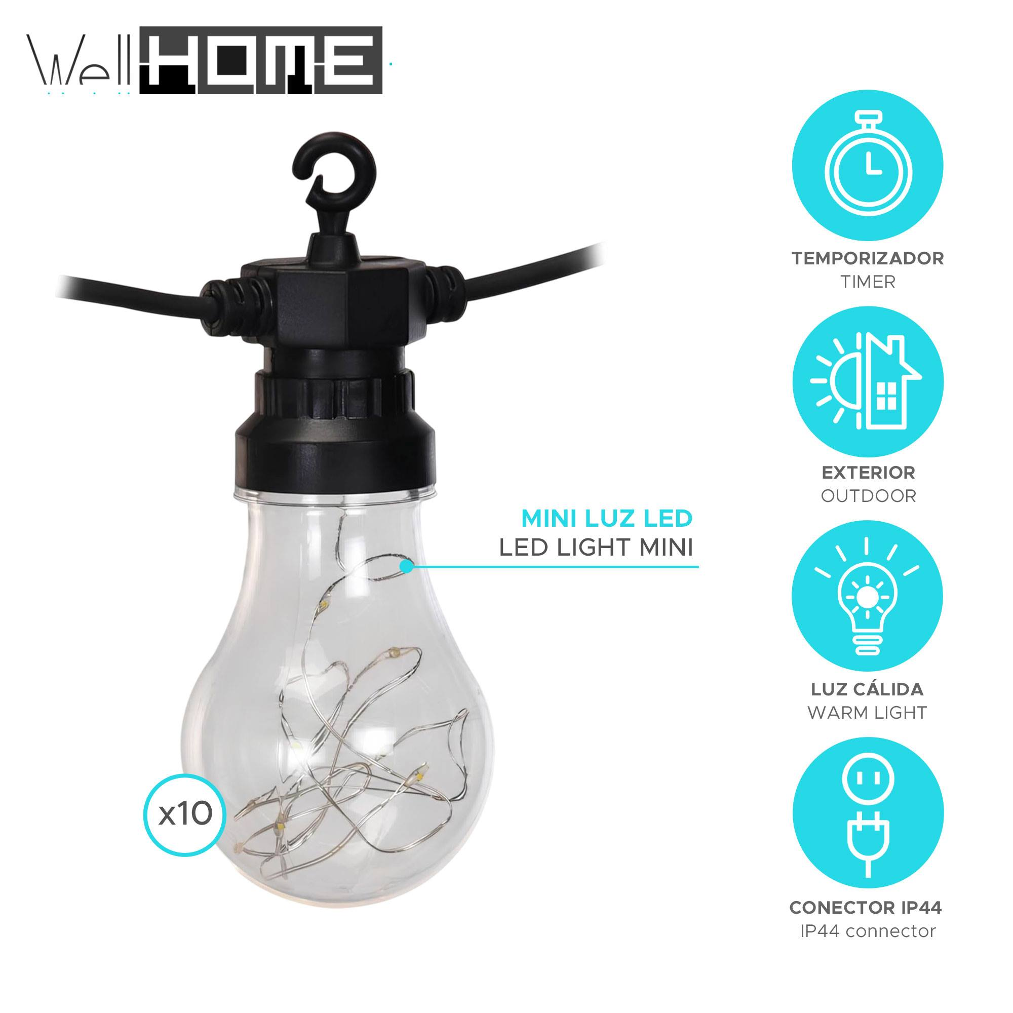 Una cadena de luces LED con forma de bombilla. Cuenta con temporizador, uso en exteriores, luz cálida y conector IP44.