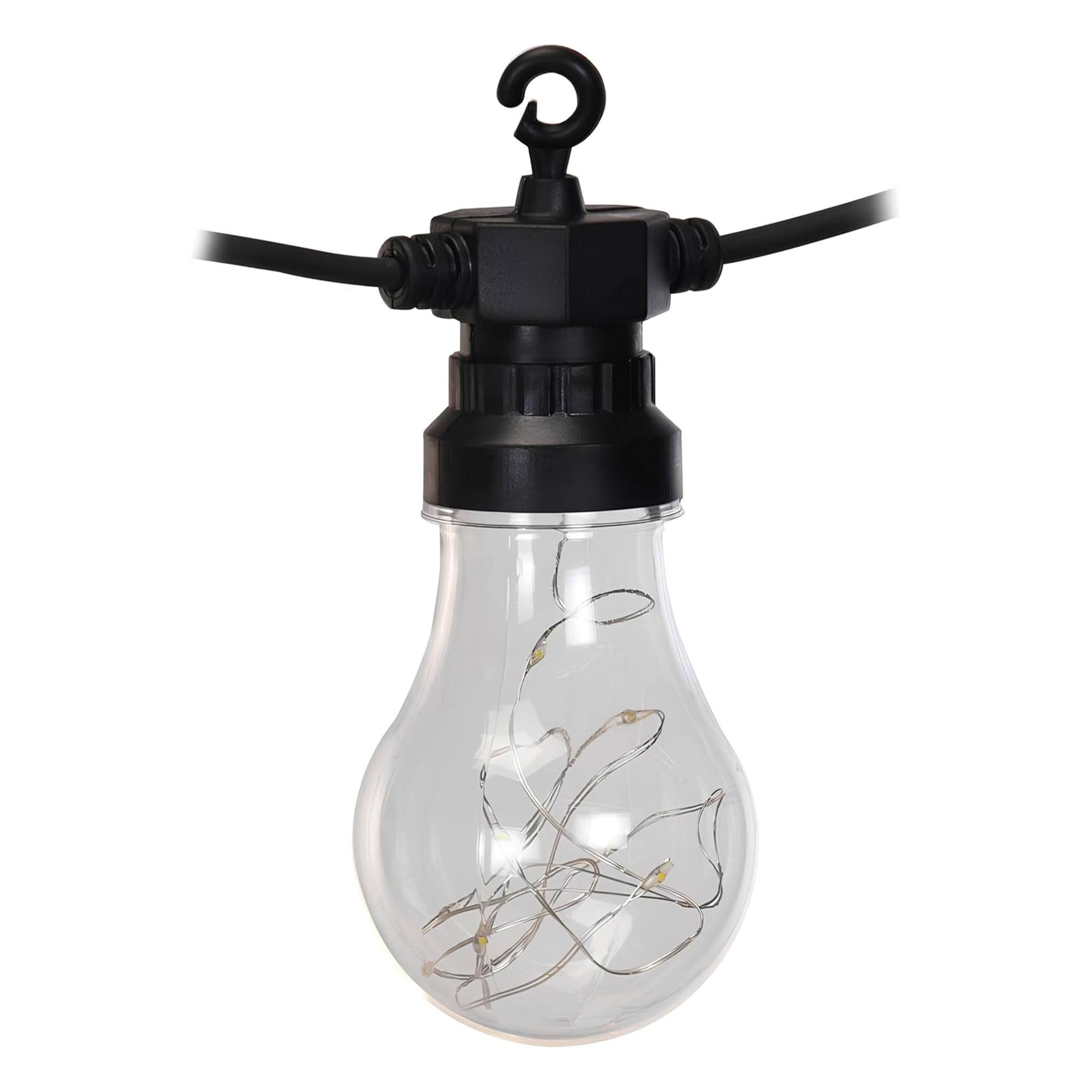 Una bombilla transparente con una cadena de pequeñas luces en su interior. Tiene una parte superior negra y cuelga de un cable negro.