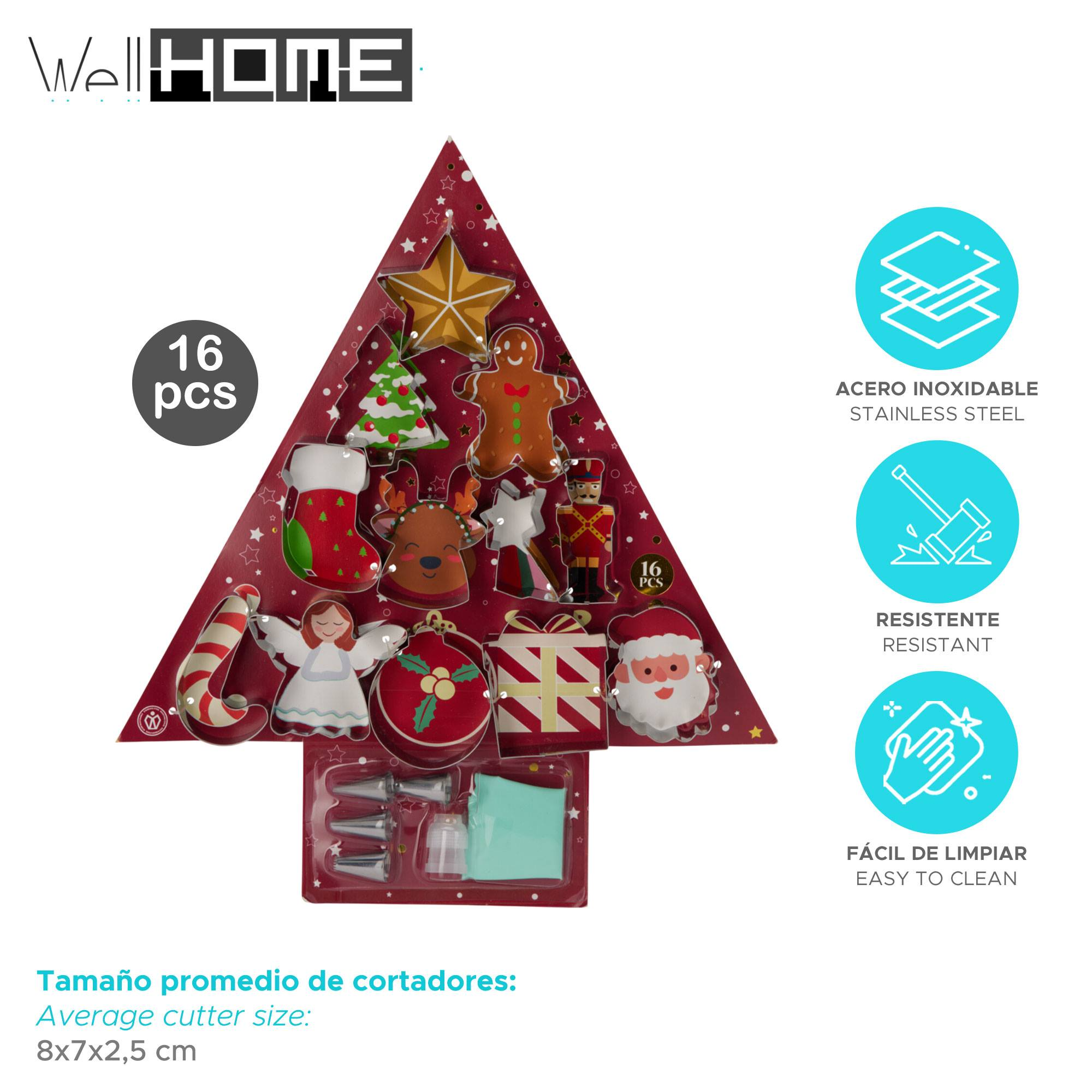 Juego de cortadores de galletas navideñas con 16 piezas, incluyendo formas de estrella, hombre de jengibre, árbol y Papá Noel.
