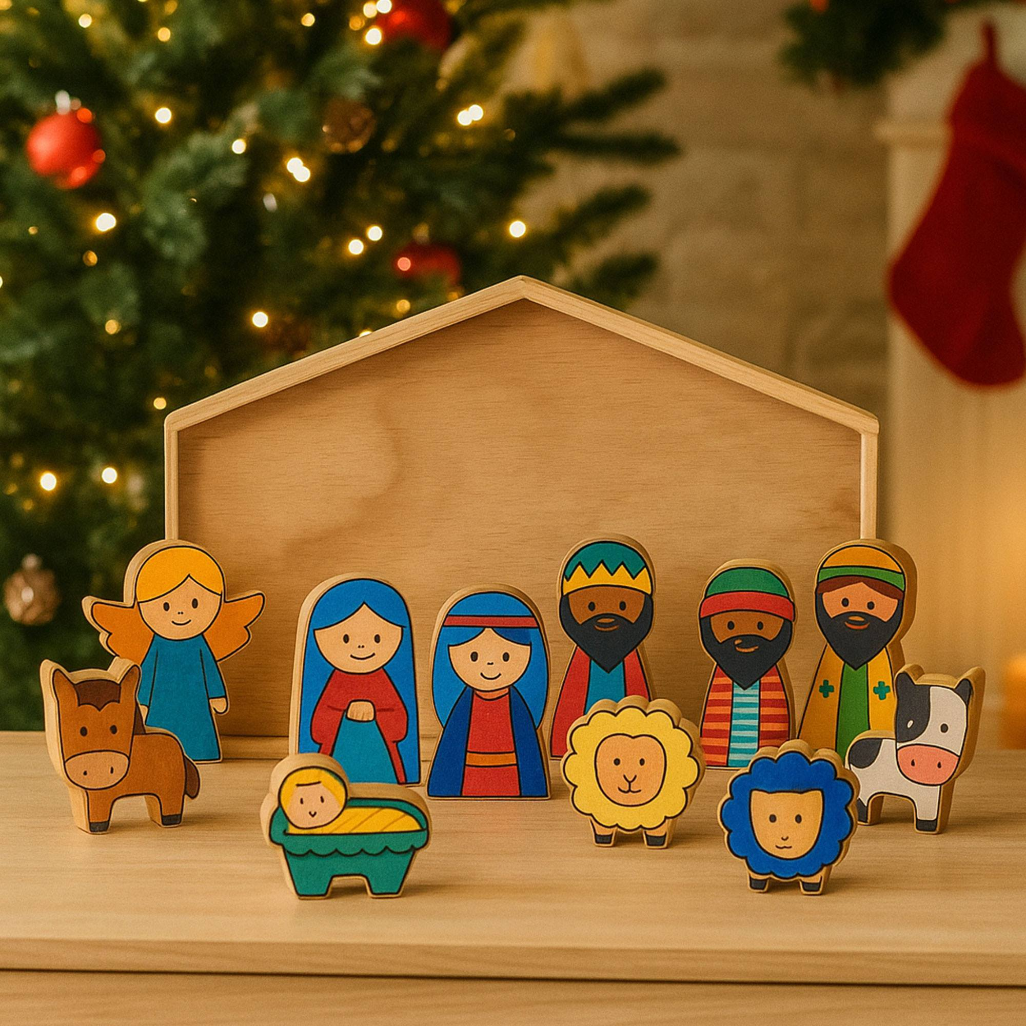 Escena de la natividad de madera con figuras de María, José, el niño Jesús, ángeles, animales y reyes magos frente a un árbol de Navidad.