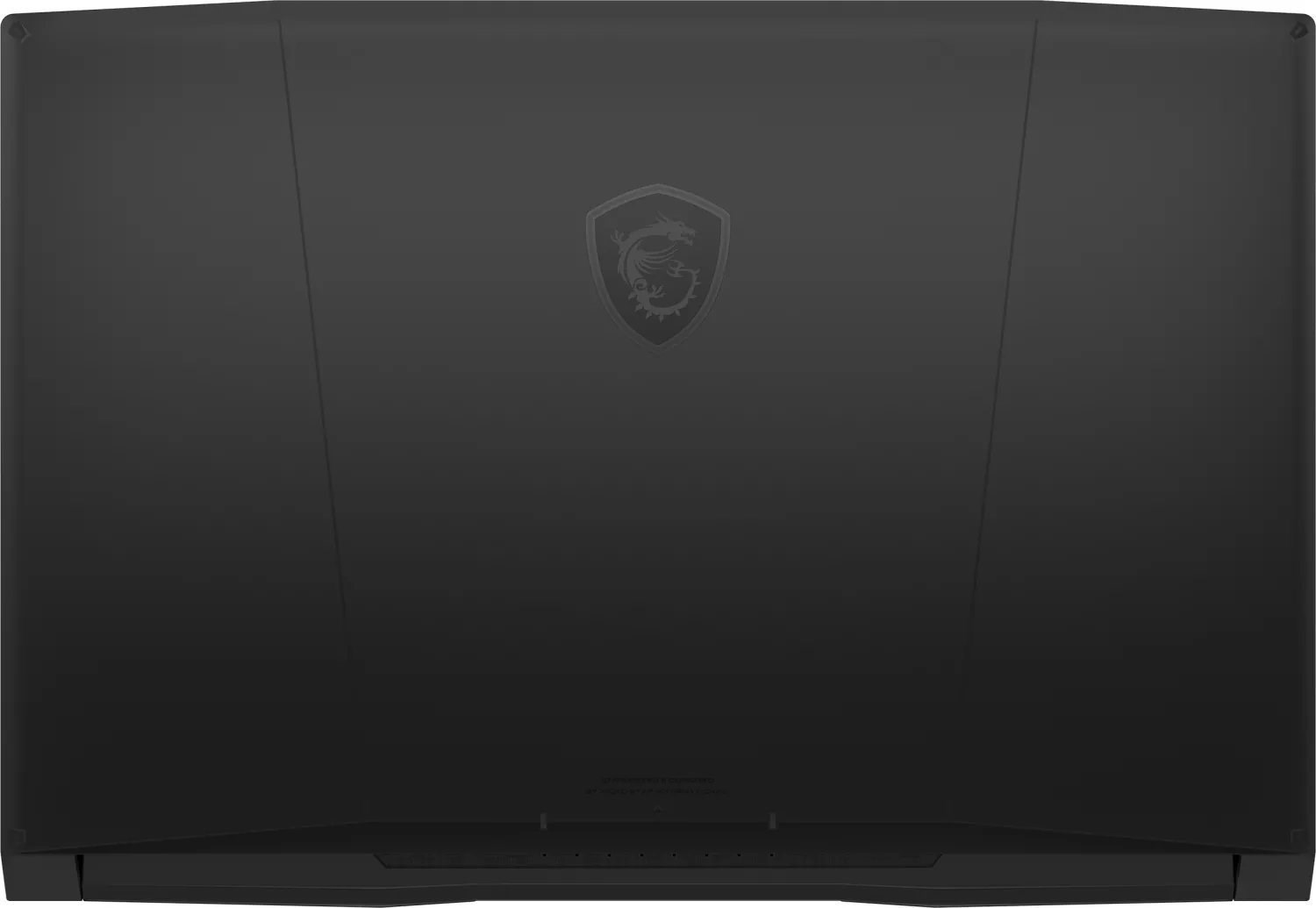 Czarna pokrywa laptopa ze środkowym logo MSI. Powierzchnia jest matowa, z subtelnym wzorem.