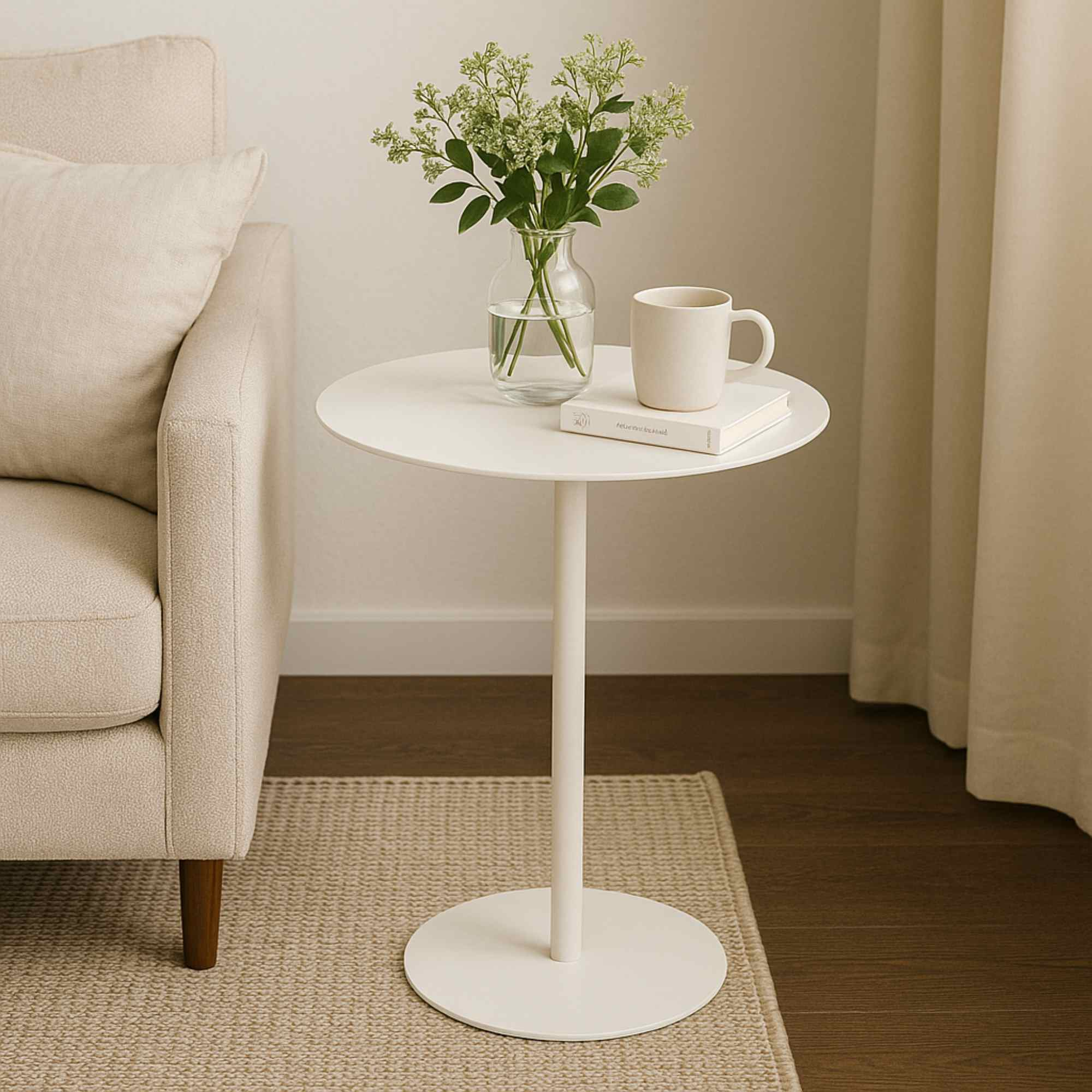 Mesa blanca con jarrón de flores, taza y libro. Al lado de un sofá beige sobre una alfombra. Suelo de madera.