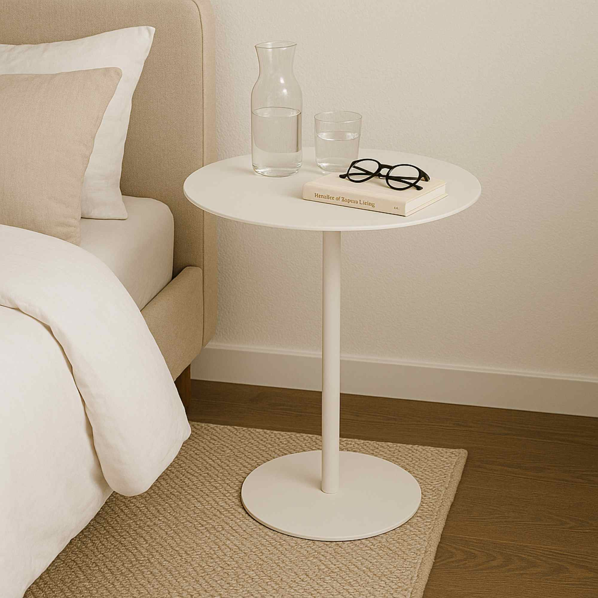 Mesa auxiliar blanca con jarra de cristal, vaso, libro y gafas. Junto a una cama.