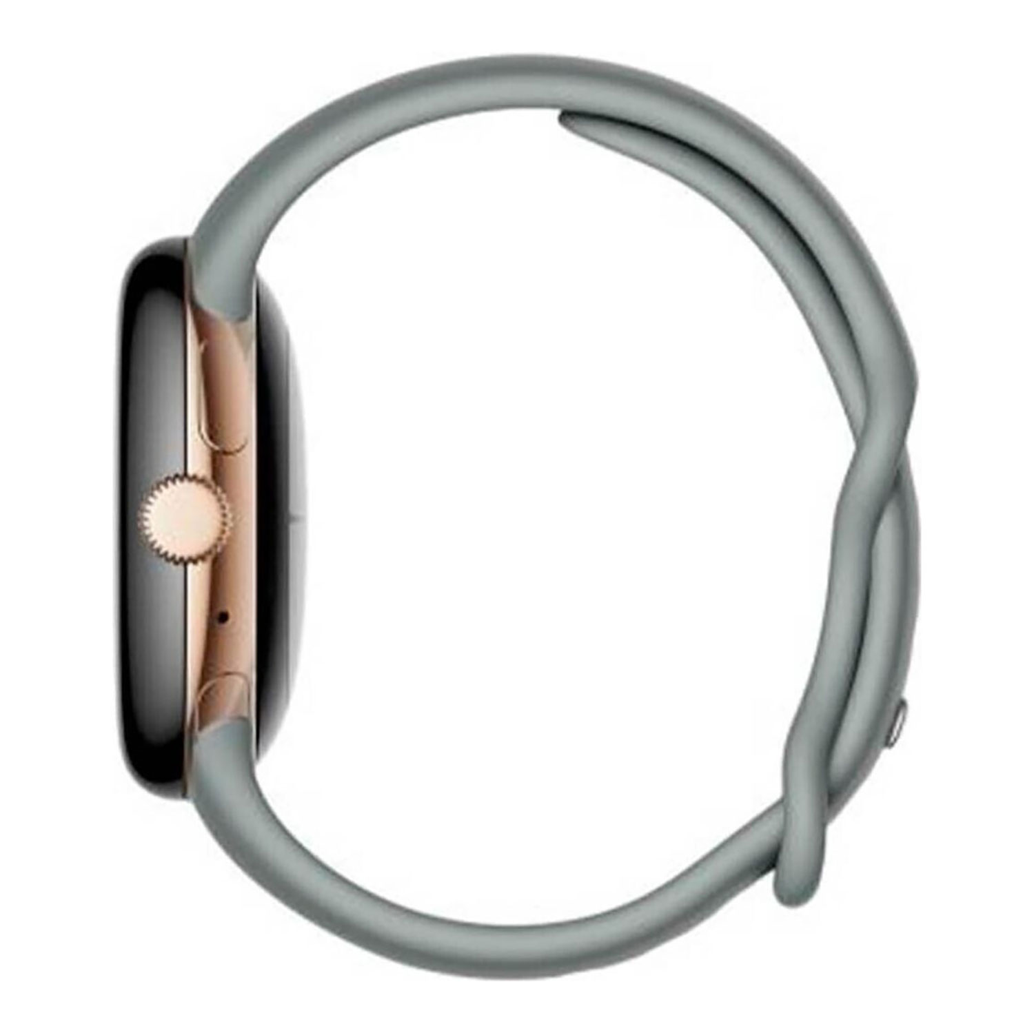 Widok boczny smartwatcha. Ma szary pasek, czarny ekran i złotą ramkę z przyciskiem z boku.