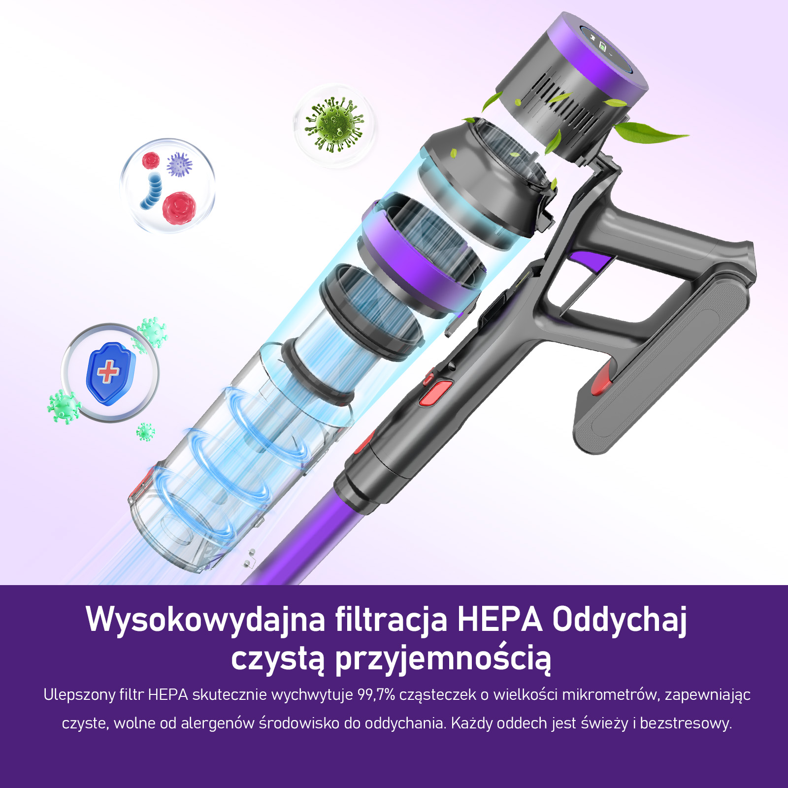 Widok wybuchowy odkurzacza. Pokazuje elementy wewnętrzne i przepływ powietrza, z ilustracjami wirusów.