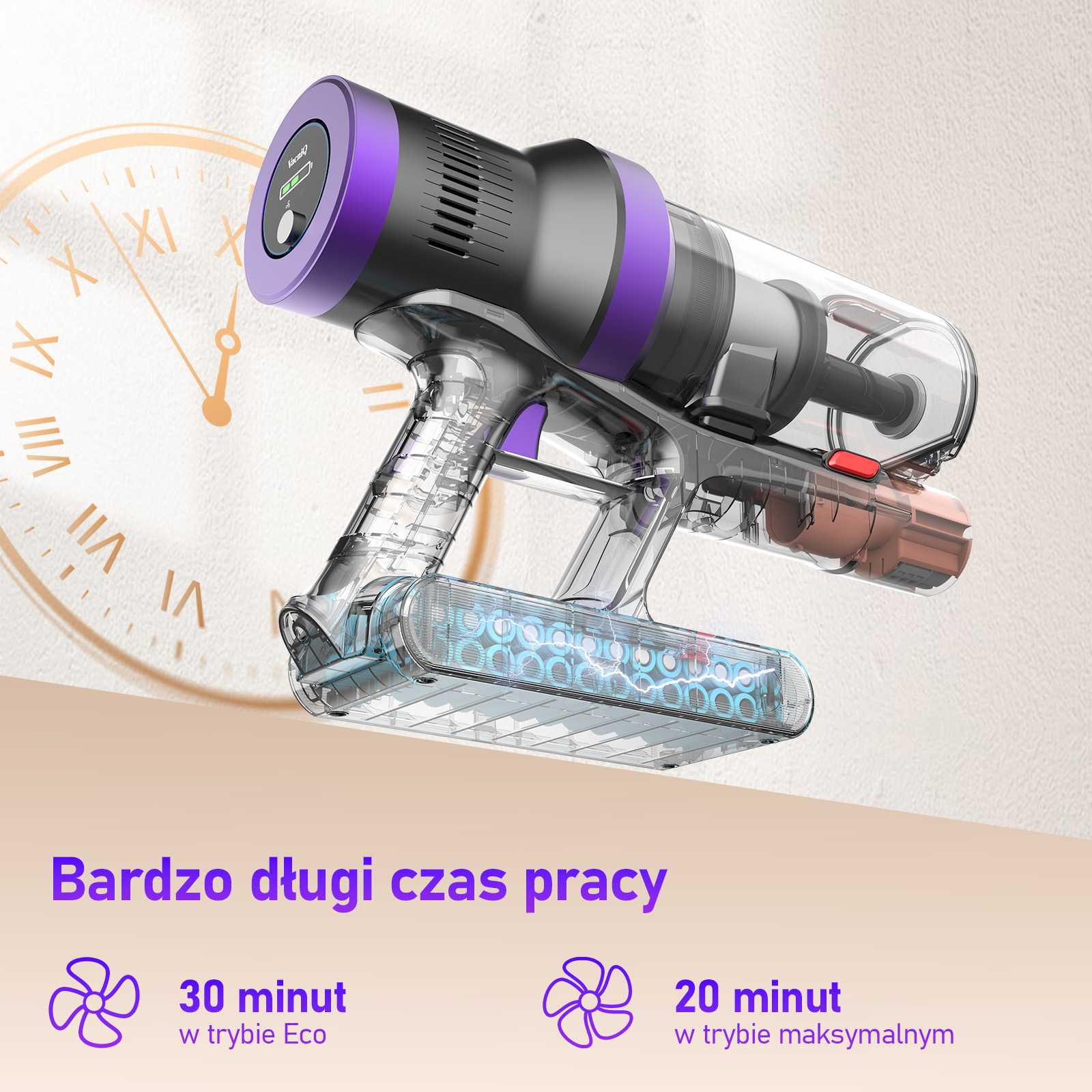 Przezroczysty odkurzacz z fioletowymi akcentami na tle zegara. Tekst wskazuje 30 i 20 minut pracy.