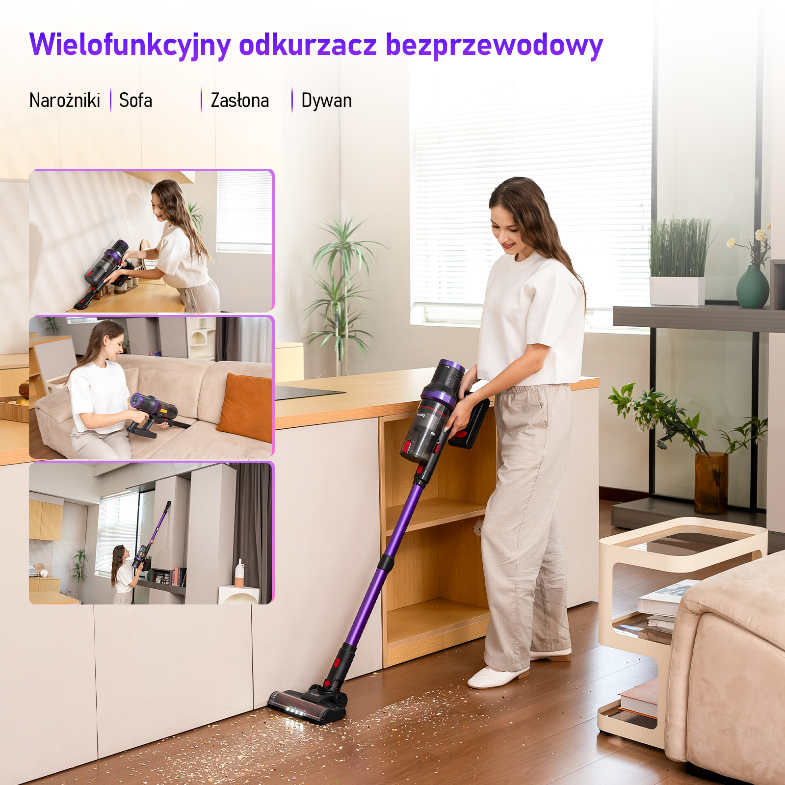 Kobieta używa fioletowo-czarnego bezprzewodowego odkurzacza na drewnianej podłodze. Odkurzacz stoi przy szafce i sofie.