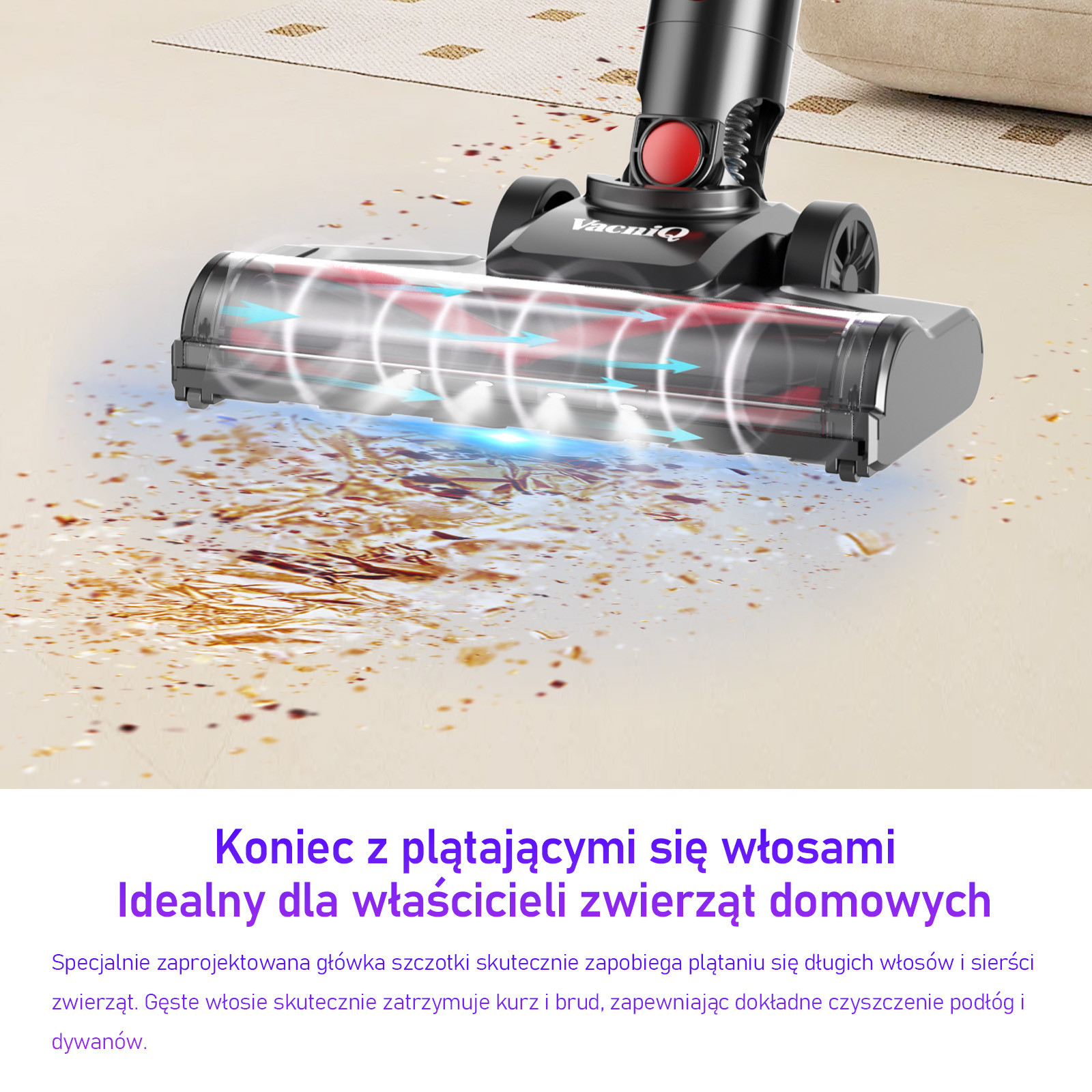 Głowica odkurzacza czyszcząca brud na jasnej podłodze. Odkurzacz jest czarny z czerwonym guzikiem.