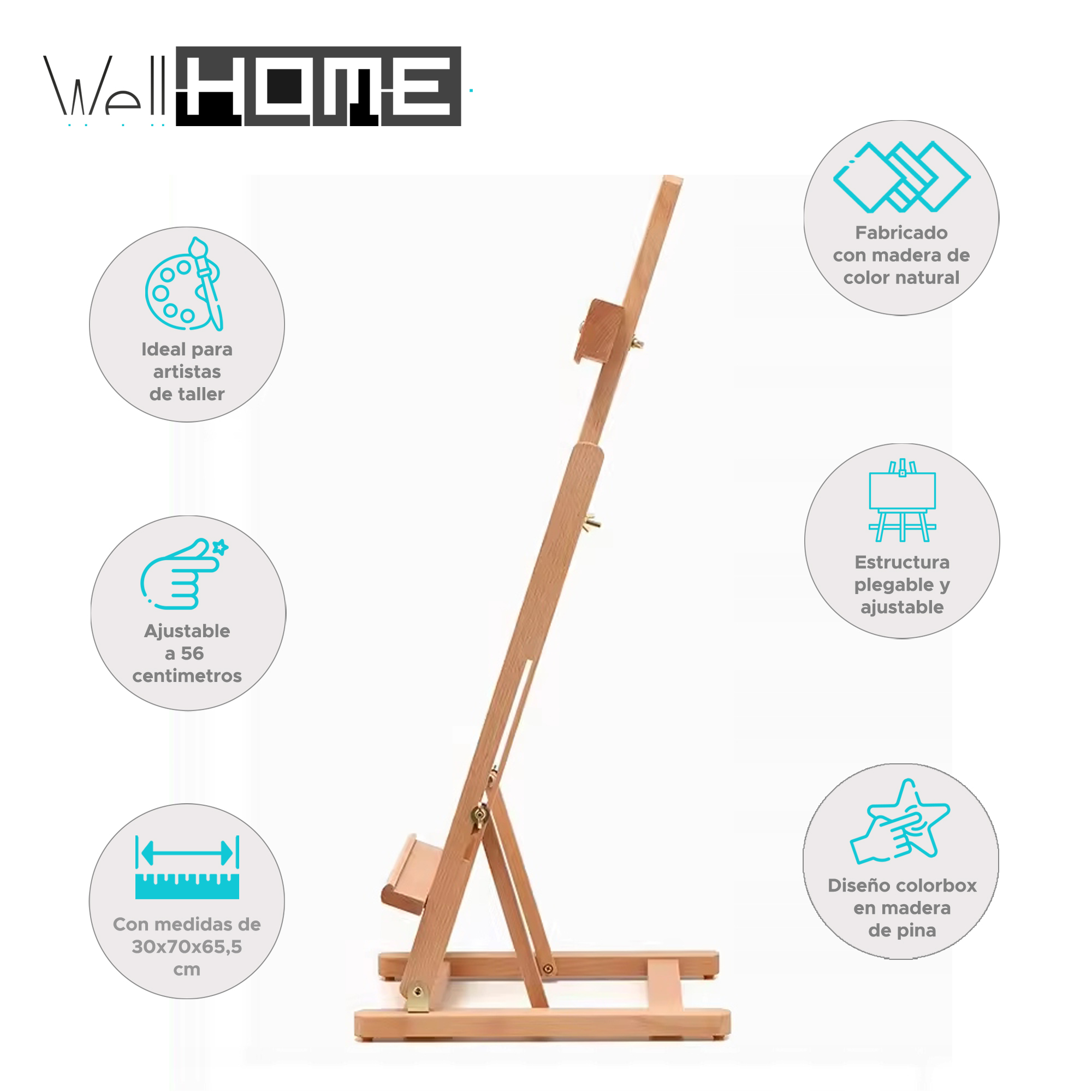 Caballito de madera con altura ajustable. Cuenta con color madera natural y estructura plegable. Incluye dimensiones y etiquetas.