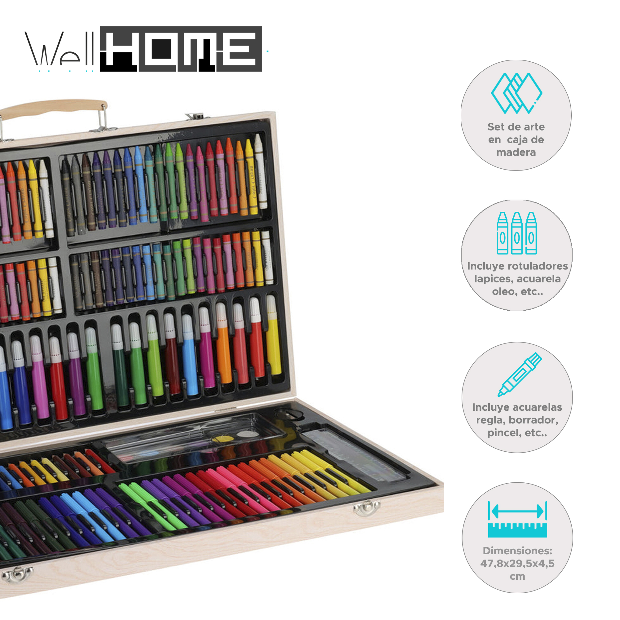 Estuche de arte de madera con crayones, marcadores, lápices, acuarelas y accesorios. Incluye dimensiones.