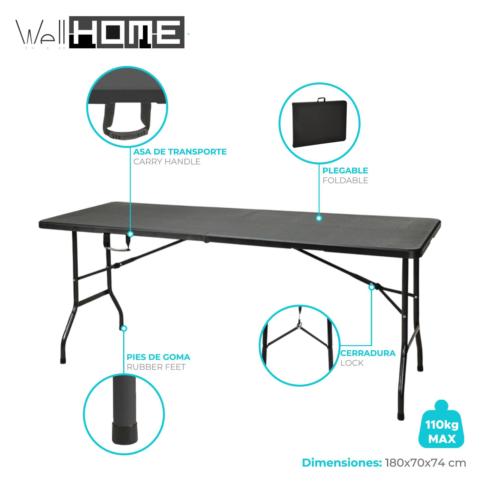 Una mesa plegable negra con características destacadas: asa de transporte, patas de goma, cerradura. Dimensiones: 180x70x74 cm, máx. 110 kg.