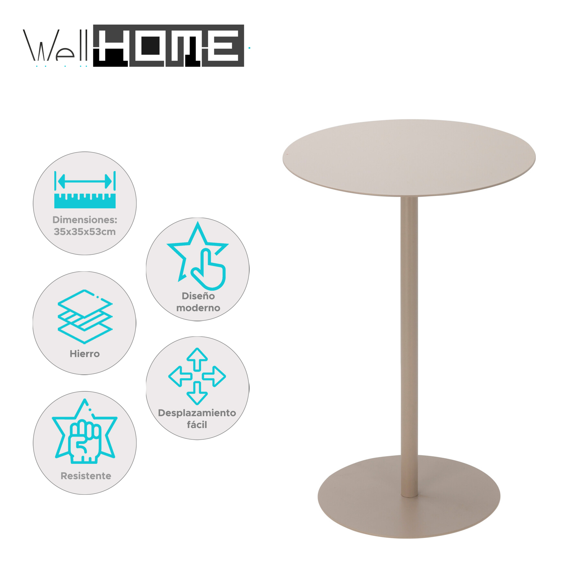 Una mesa redonda beige con una sola pata y una base redonda. Hay iconos con texto alrededor, con el nombre de la marca.