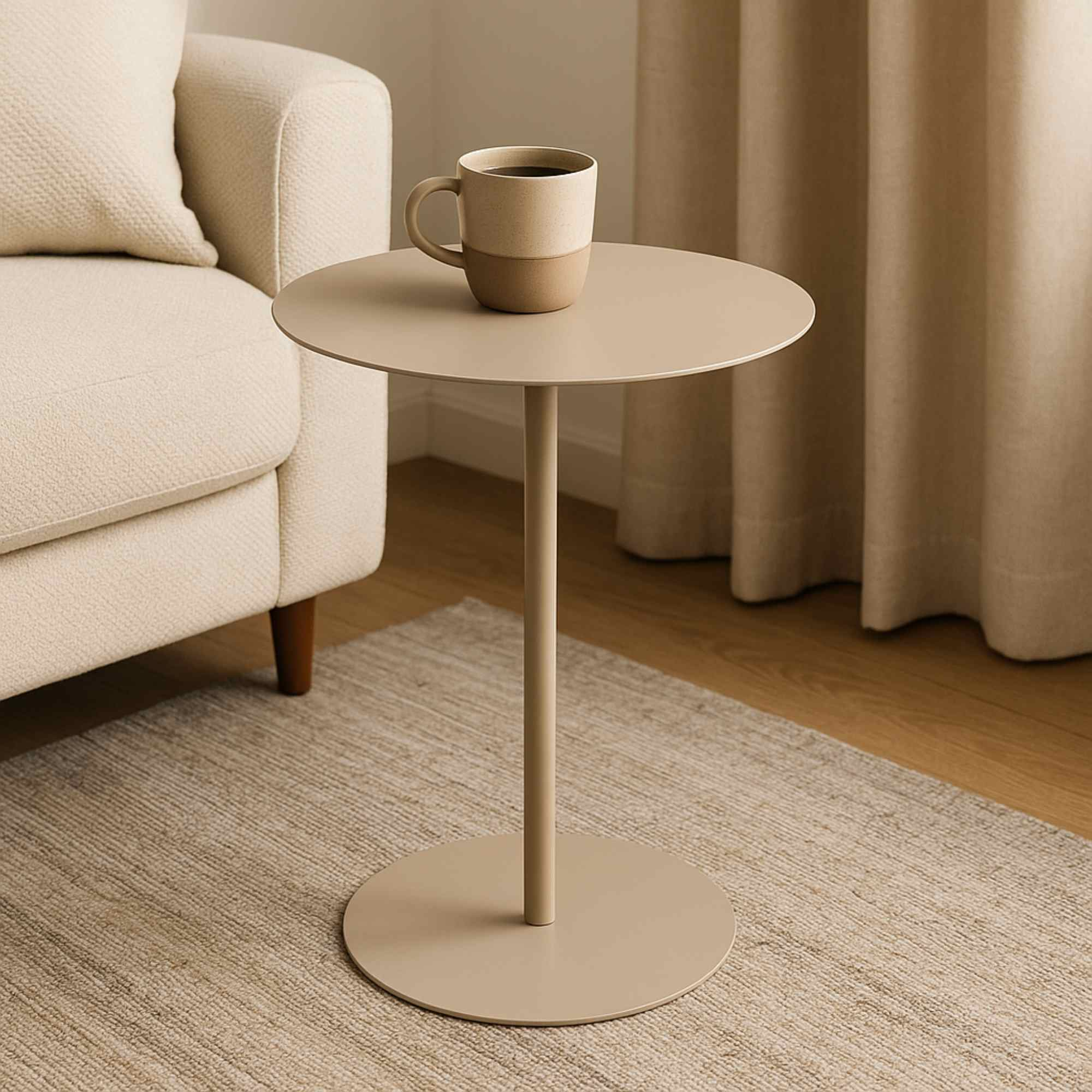 Taza beige en mesita auxiliar beige. Sofá beige a la izquierda, cortinas al fondo.