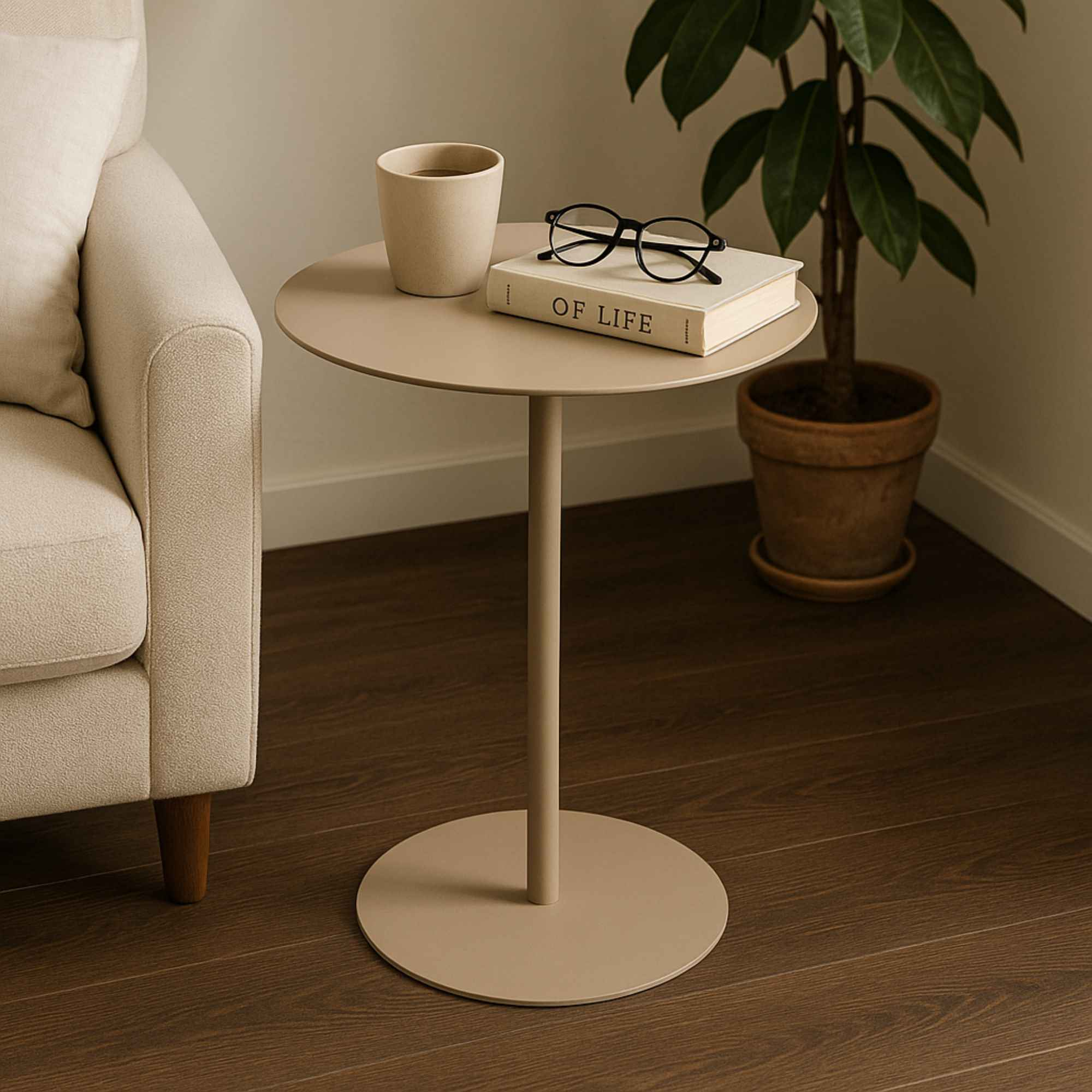 Mesa auxiliar beige con taza, gafas y libro 'OF LIFE'. Planta en el fondo.