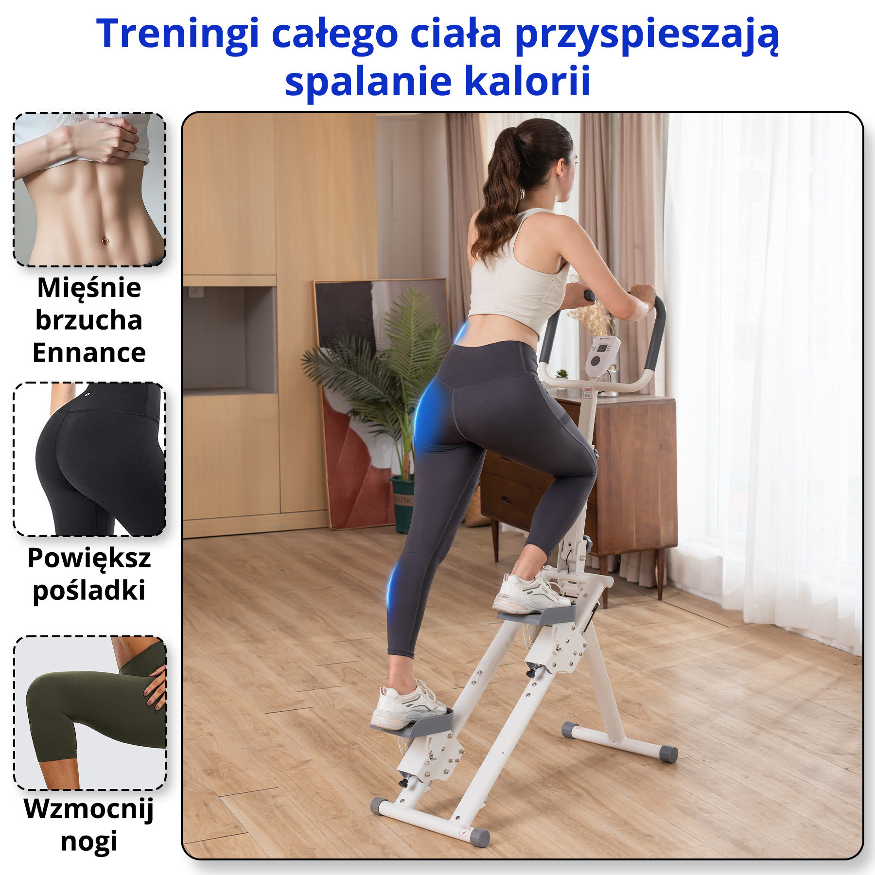 Kobieta na steperze. Zawiera zdjęcia mięśni brzucha, pośladków i nóg. Tekst mówi: Trening przyspiesza spalanie kalorii.