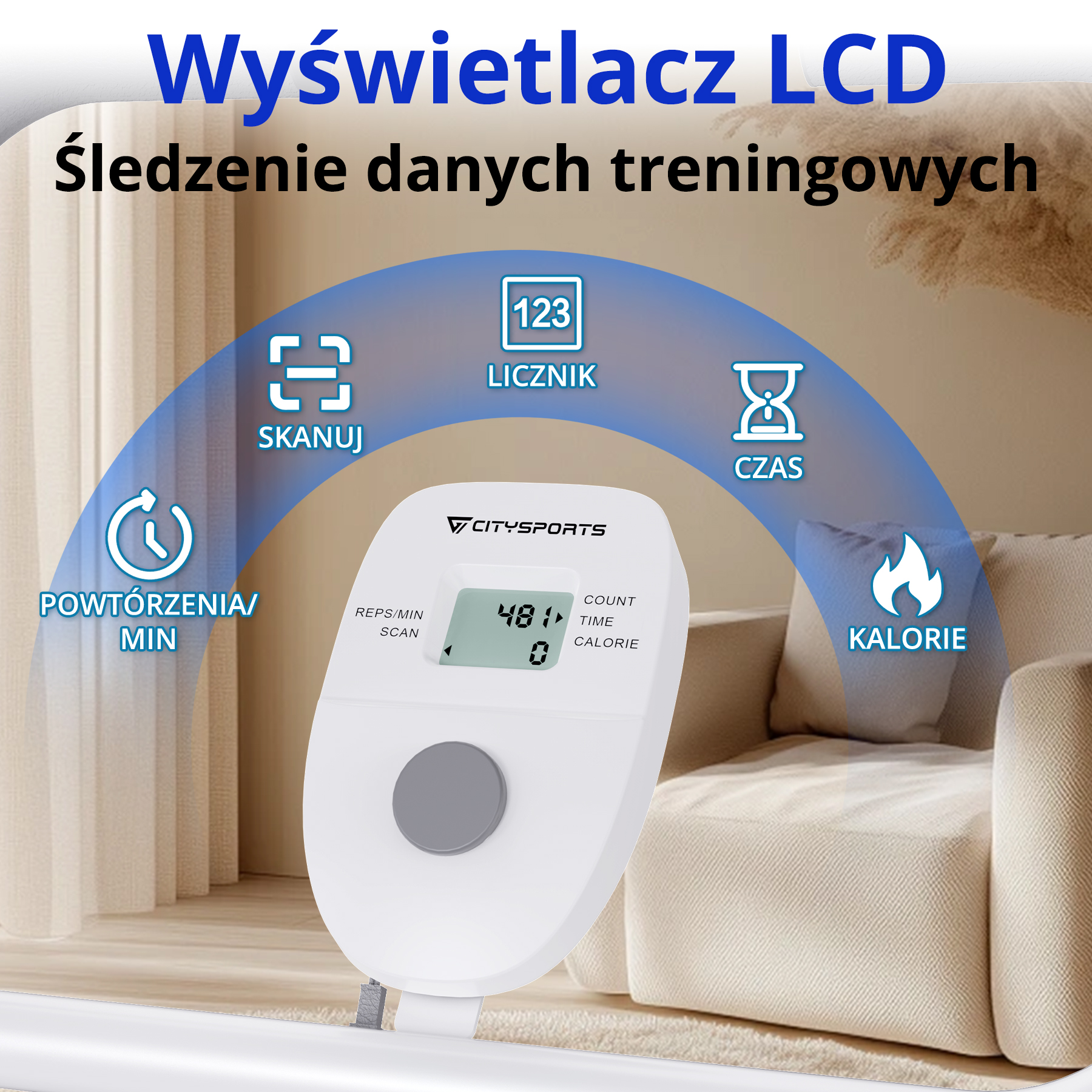 Biały wyświetlacz LCD pokazuje dane treningowe. Widoczne ikony skanowania, licznika, czasu, kalorii i powtórzeń.
