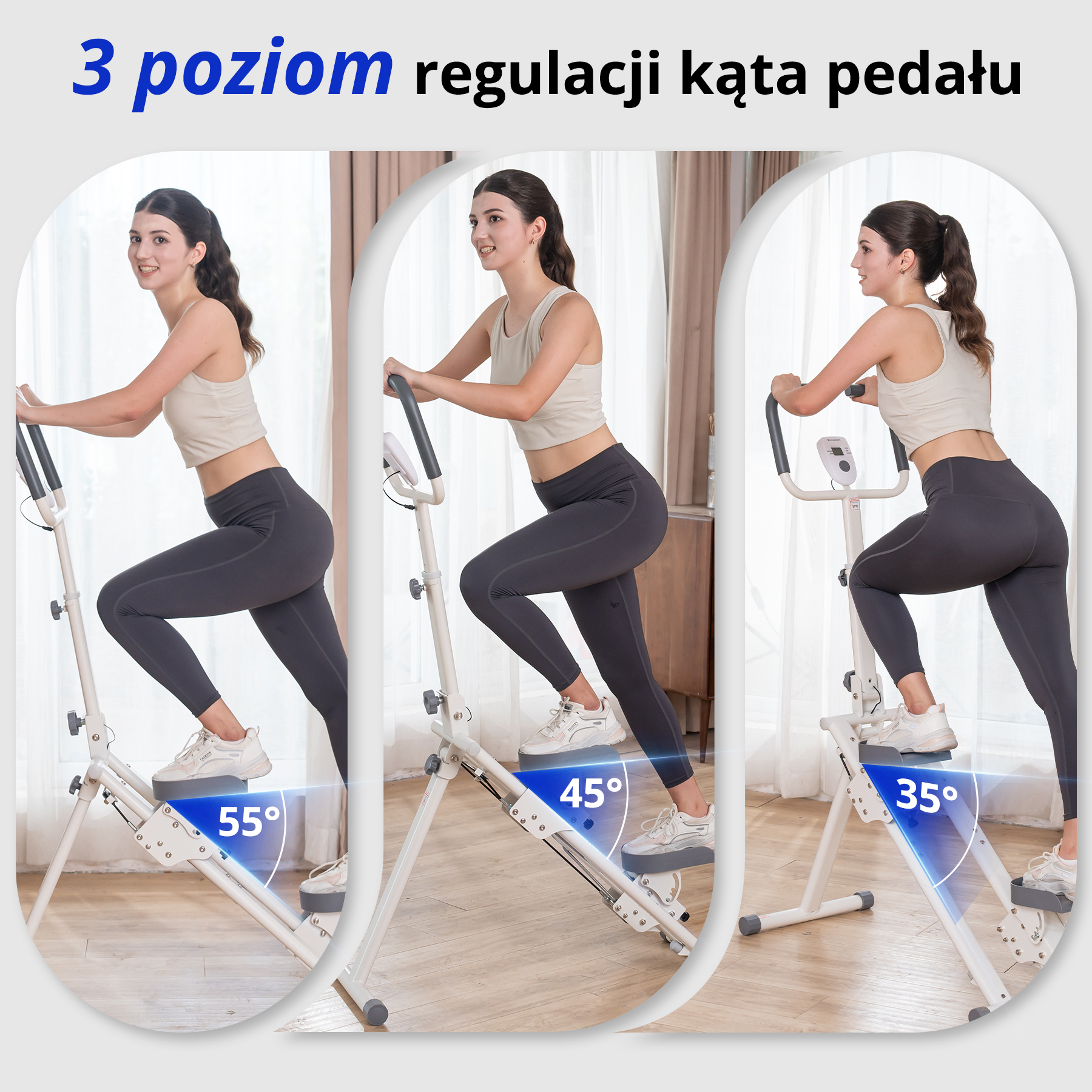 Trzy kobiety ćwiczące na steperach z różnymi ustawieniami kąta pedału: 55°, 45° i 35°.