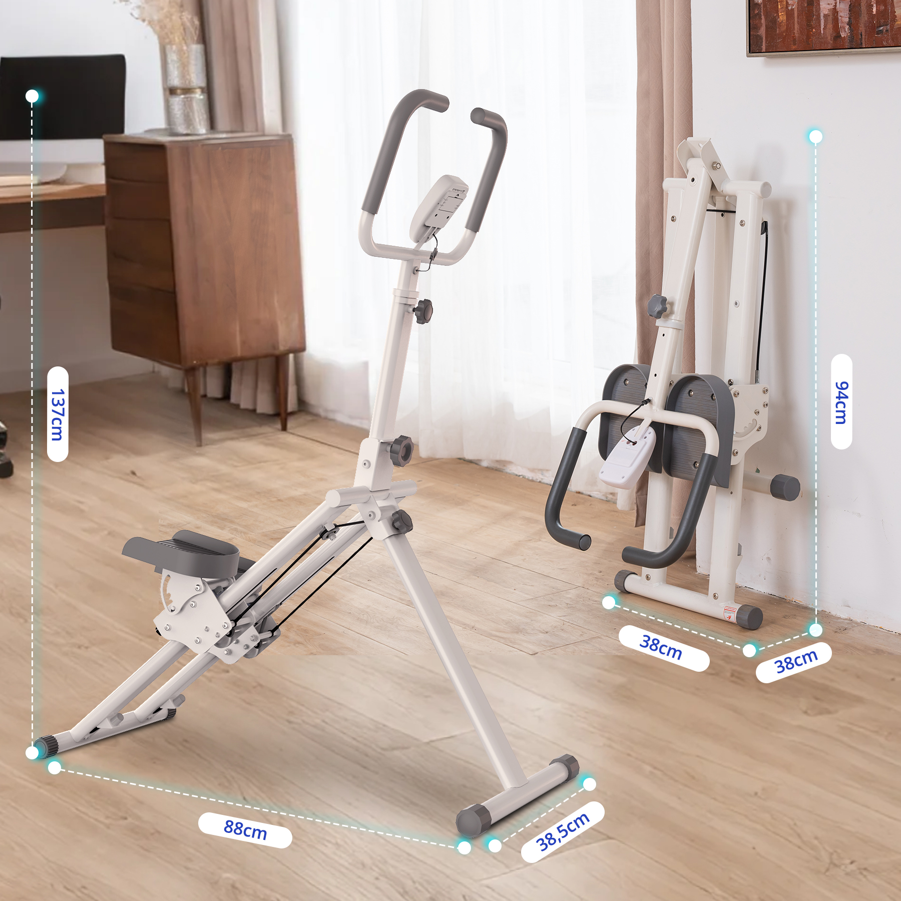 Maszyna do ćwiczeń, częściowo złożona, stoi na drewnianej podłodze. Drewniana szafka i komputer w tle.