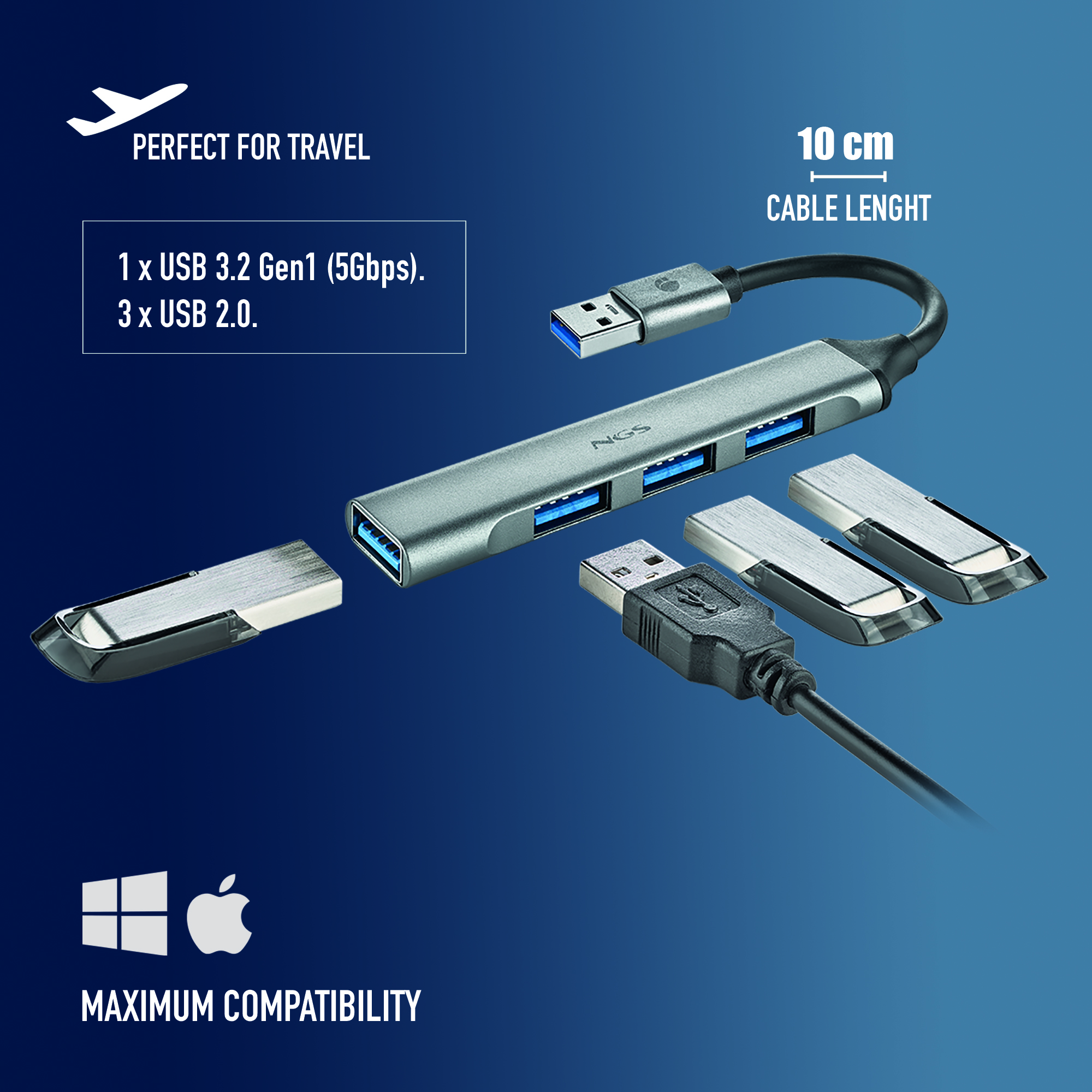 Silberner USB-Hub mit mehreren Anschlüssen und USB-Laufwerken auf blauem Hintergrund. Text: 'Perfect for Travel'.