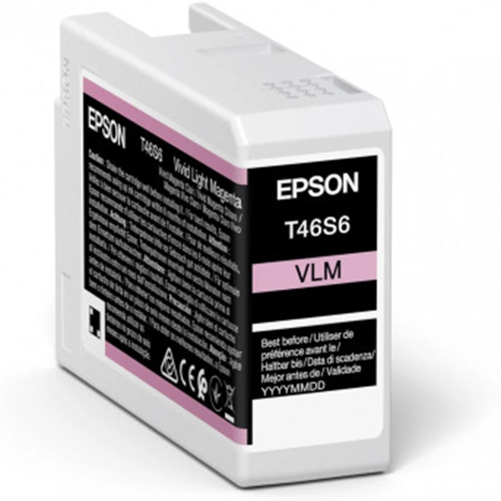 Une cartouche d'encre Epson T46S6 Vivid Light Magenta. Elle est blanche avec des étiquettes noires et roses, et porte le logo Epson.